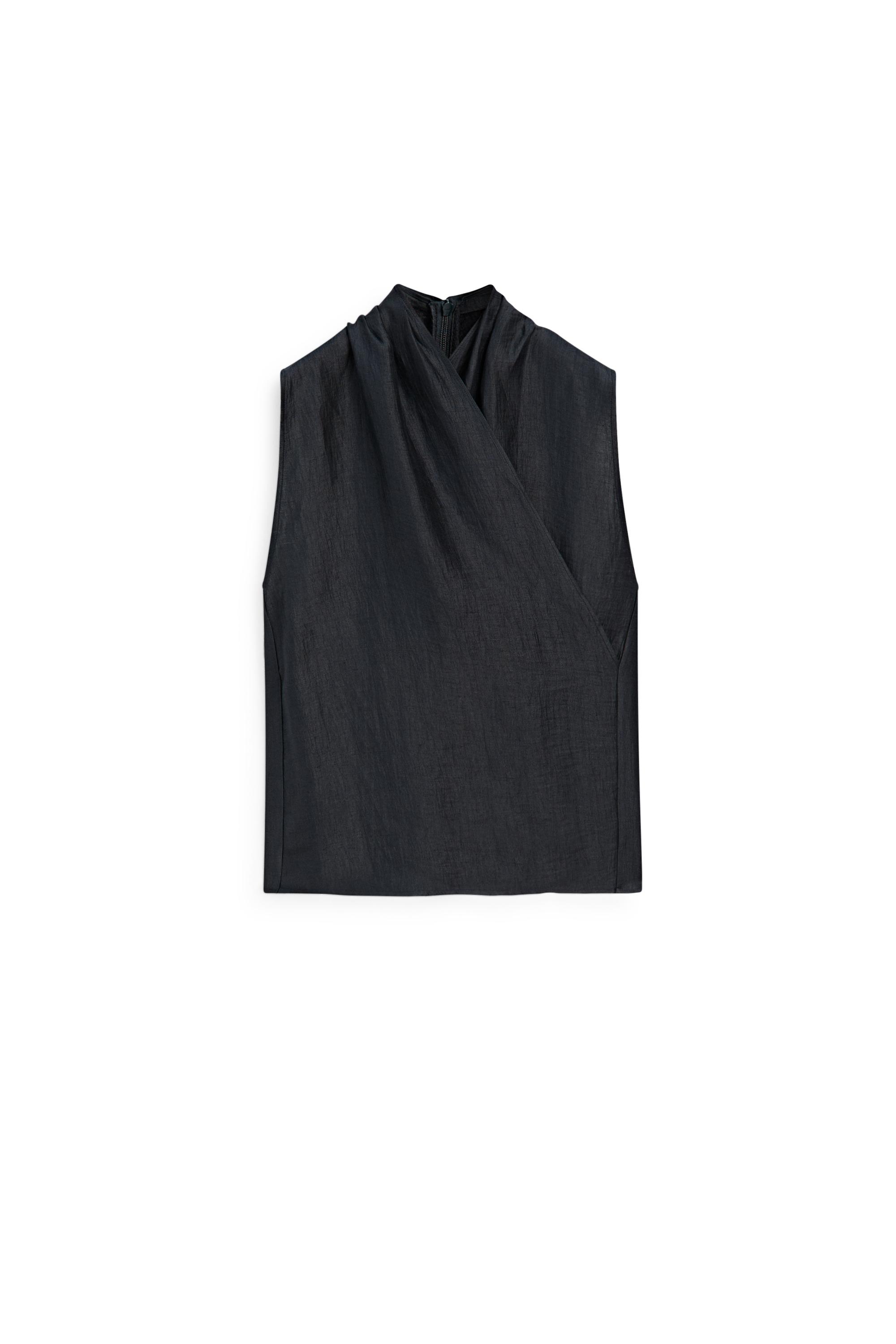 Linen blend sleeveless crossover top — NAVY BLUE