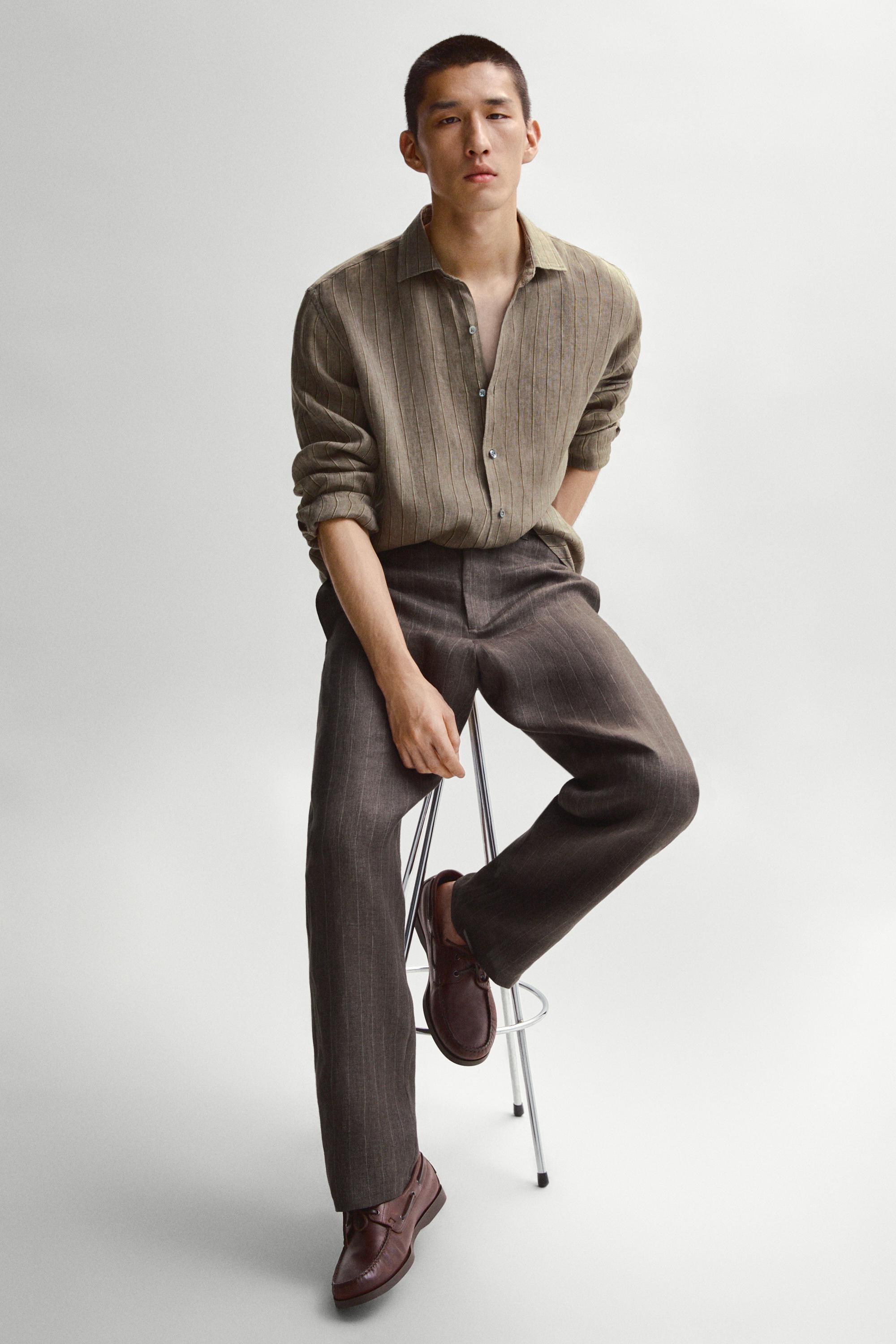 100% linen striped straight-leg pants — BROWN
