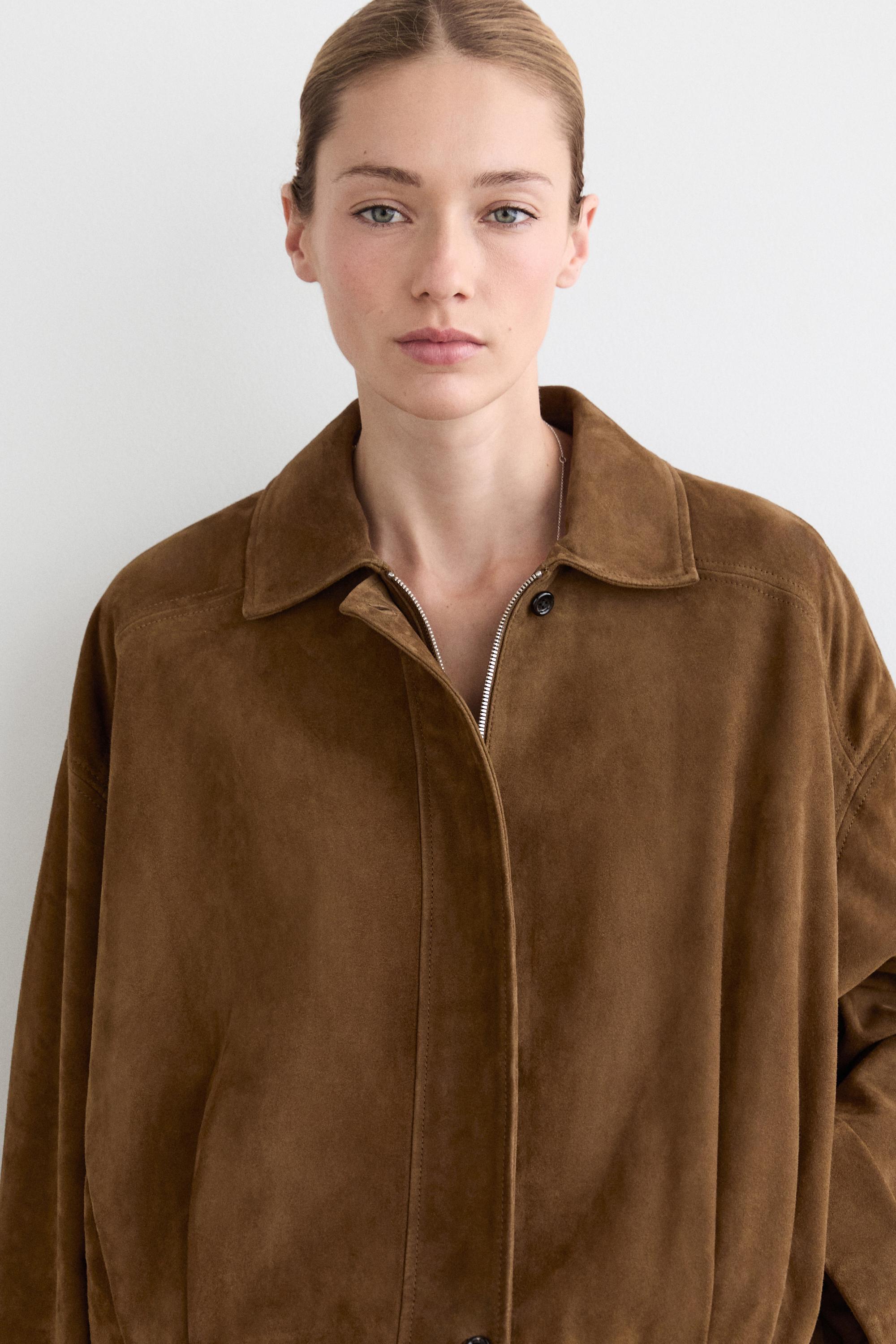 Short suede leather bomber jacket — BROWN