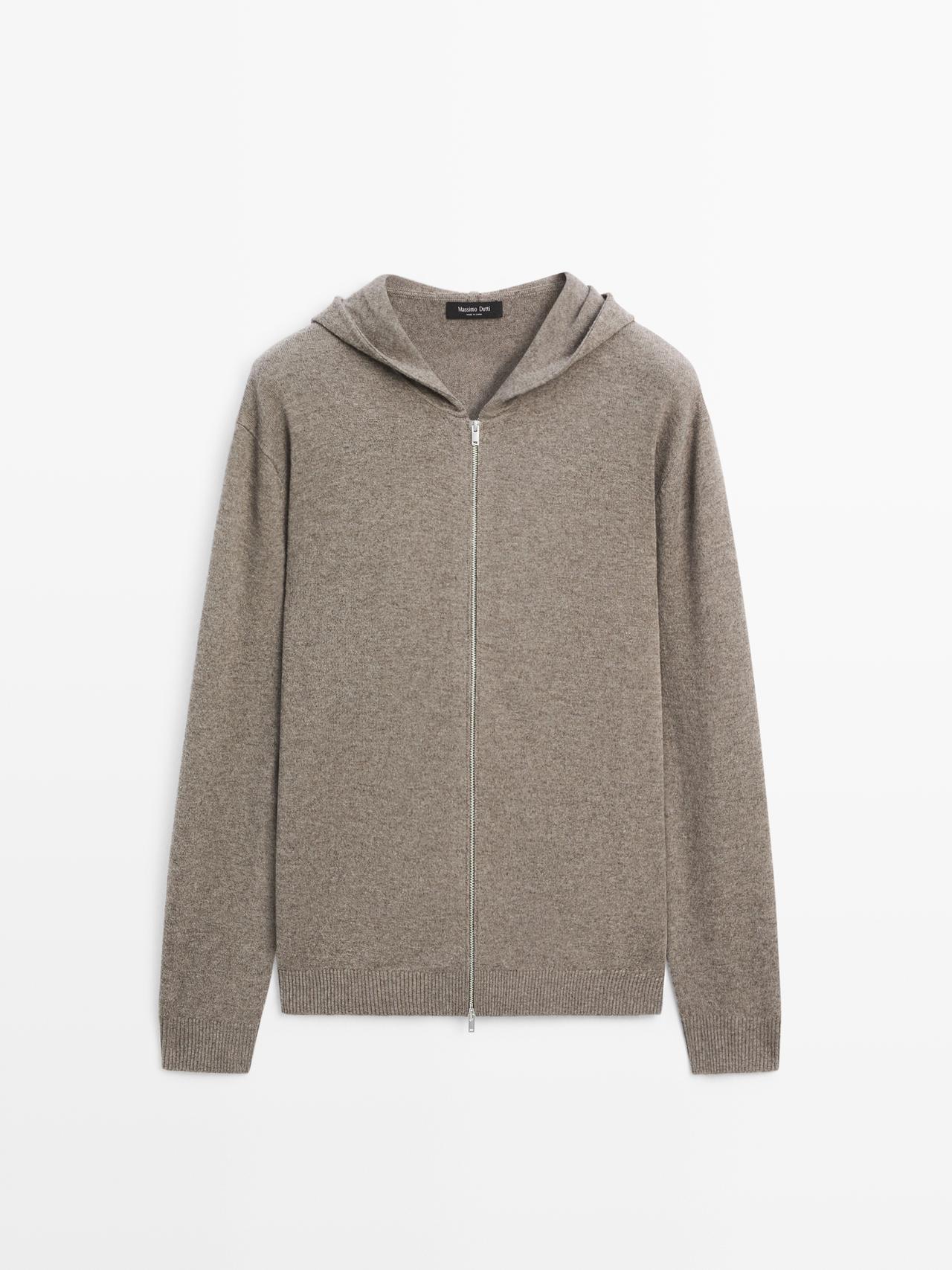 Massimo Dutti - Herre - Strikket Cardigan I Uldblanding Med Hætte - Kaki - M