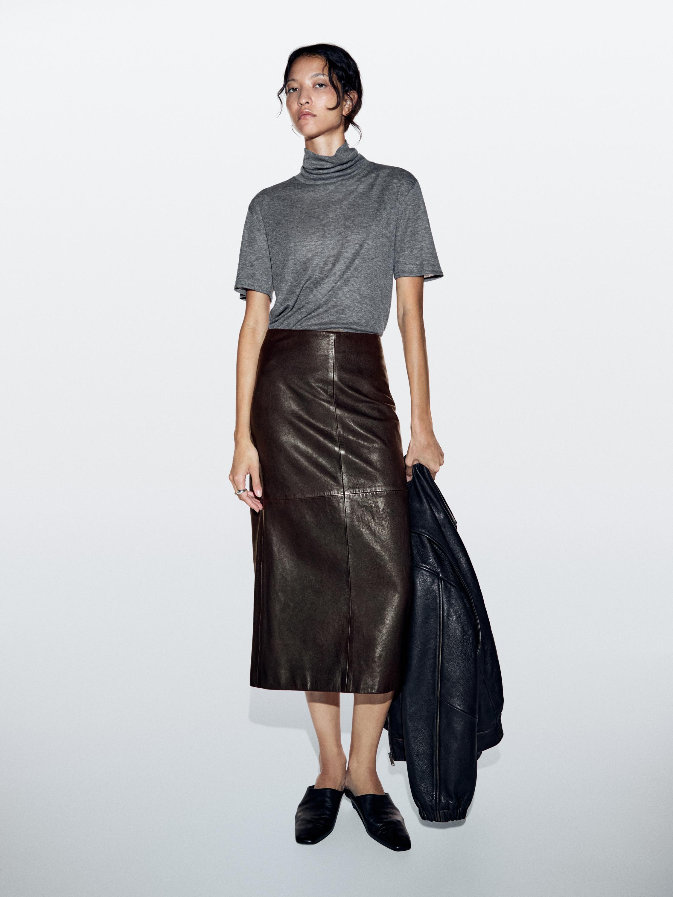 Straight nappa leather midi skirt with slit