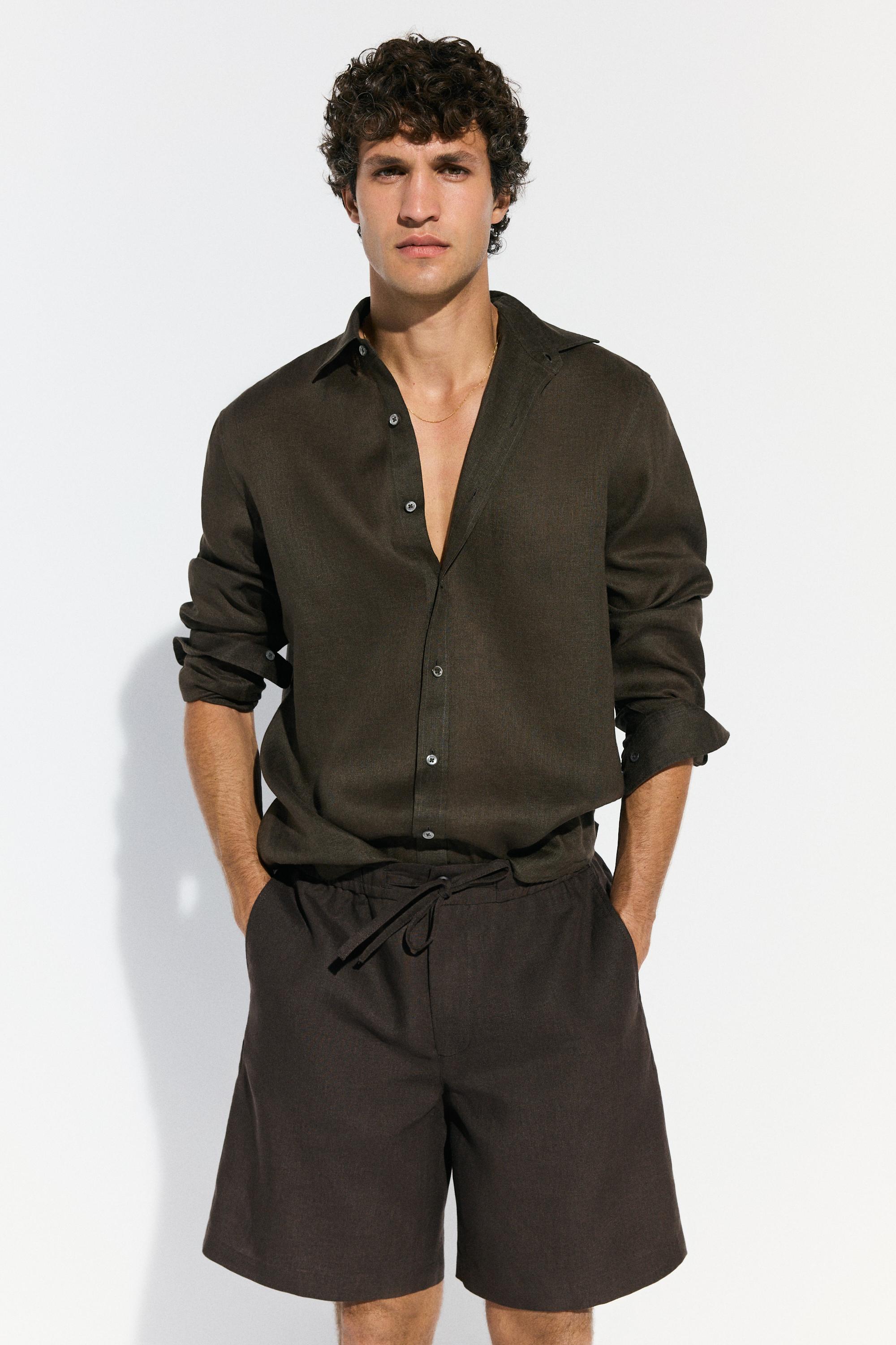 Regular fit 100% linen shirt — DARK GREEN