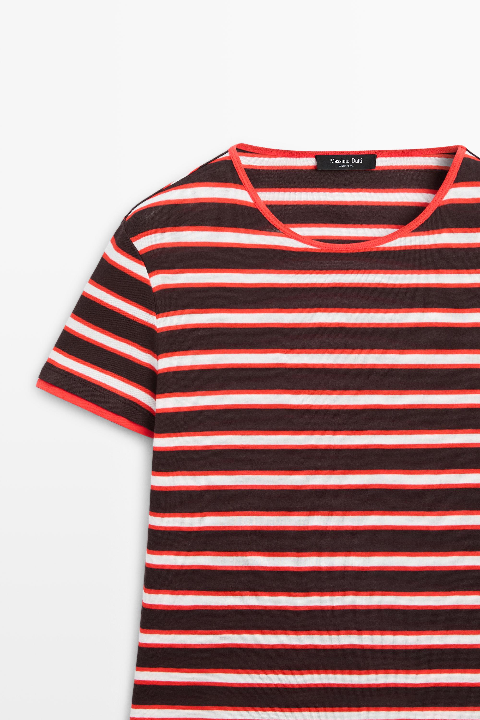 100% cotton short sleeve striped T-shirt — RED