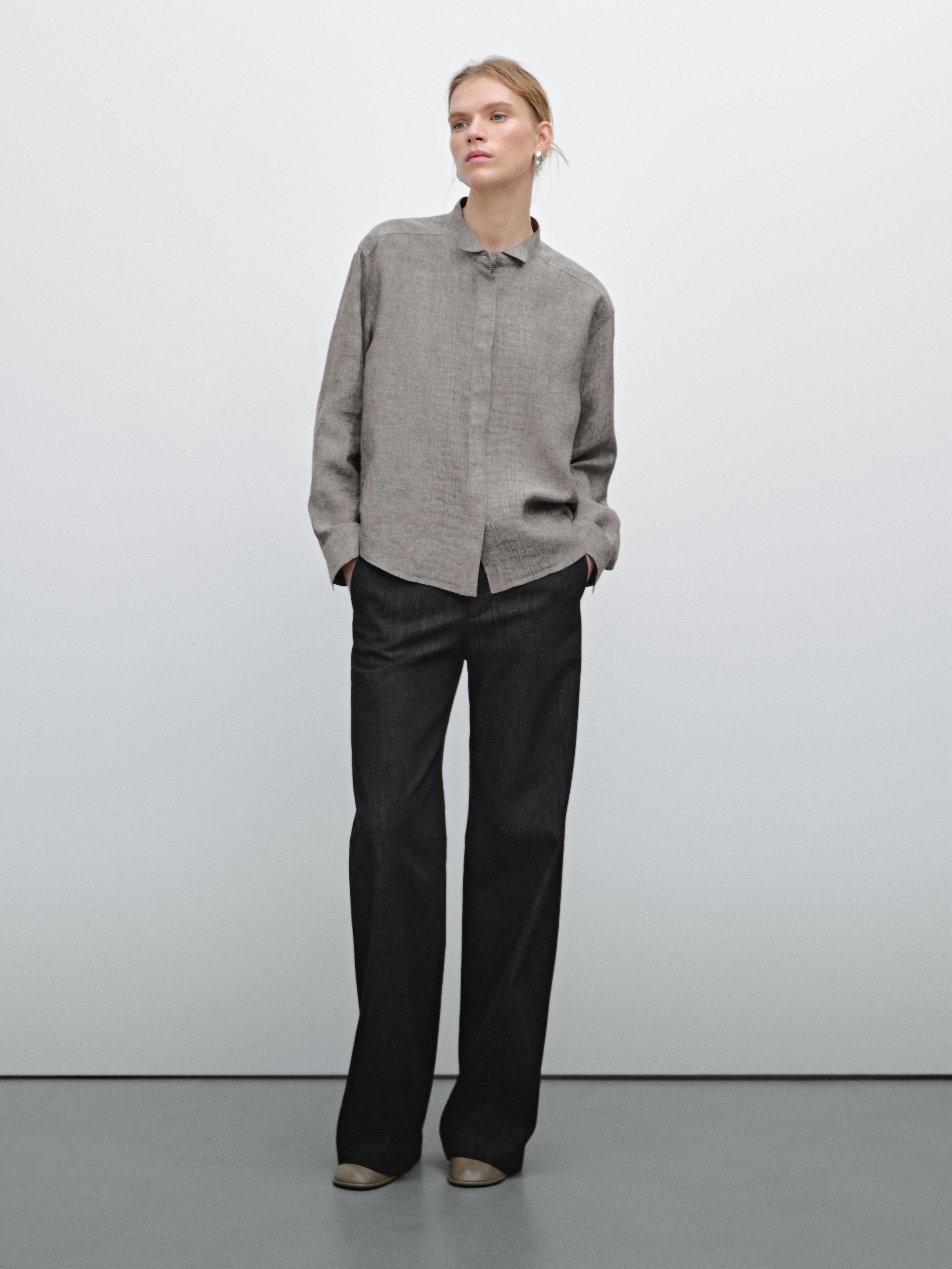 قميص كتان 100% بثنيات تزيينية