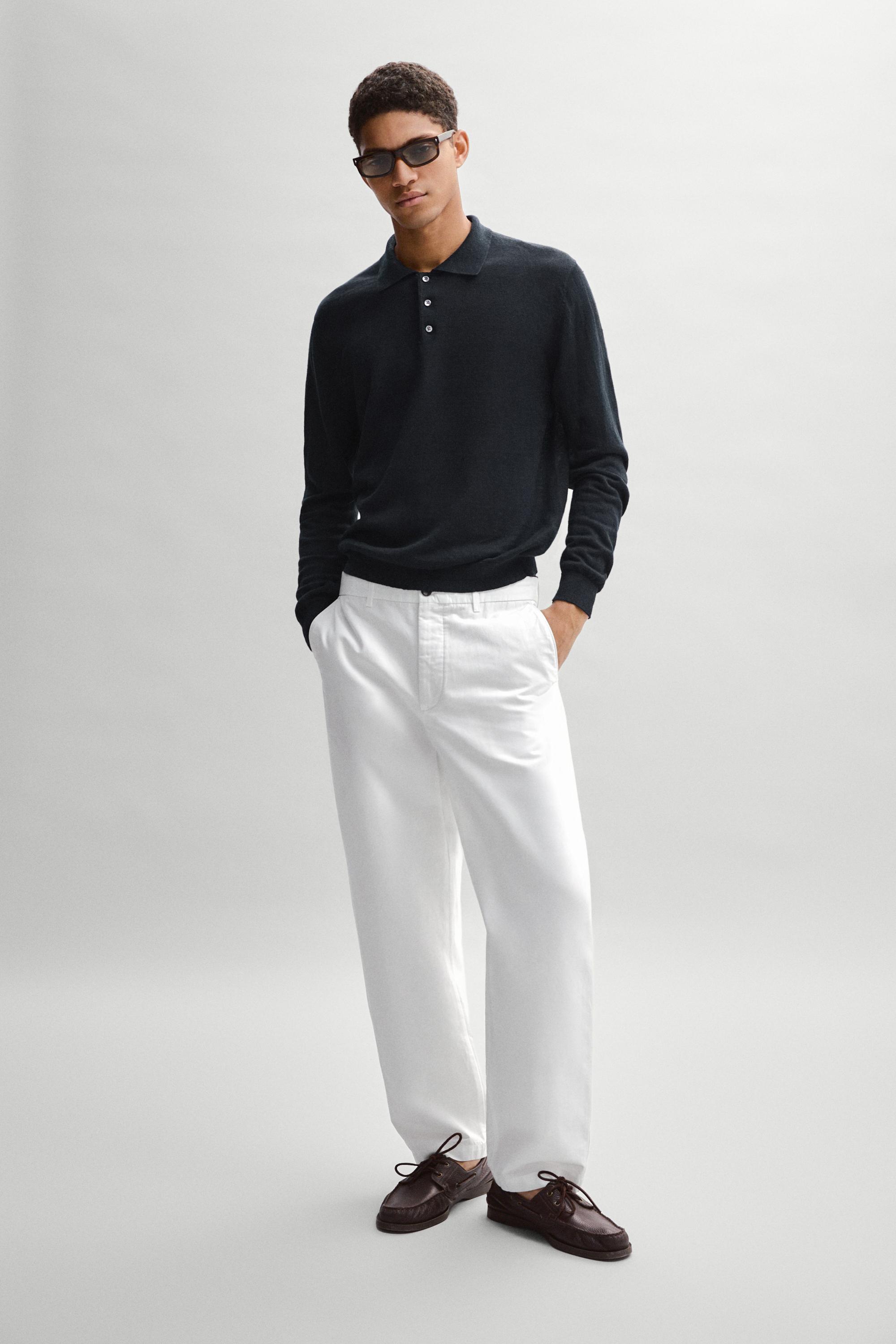 100% linen knit polo collar sweater — NAVY BLUE