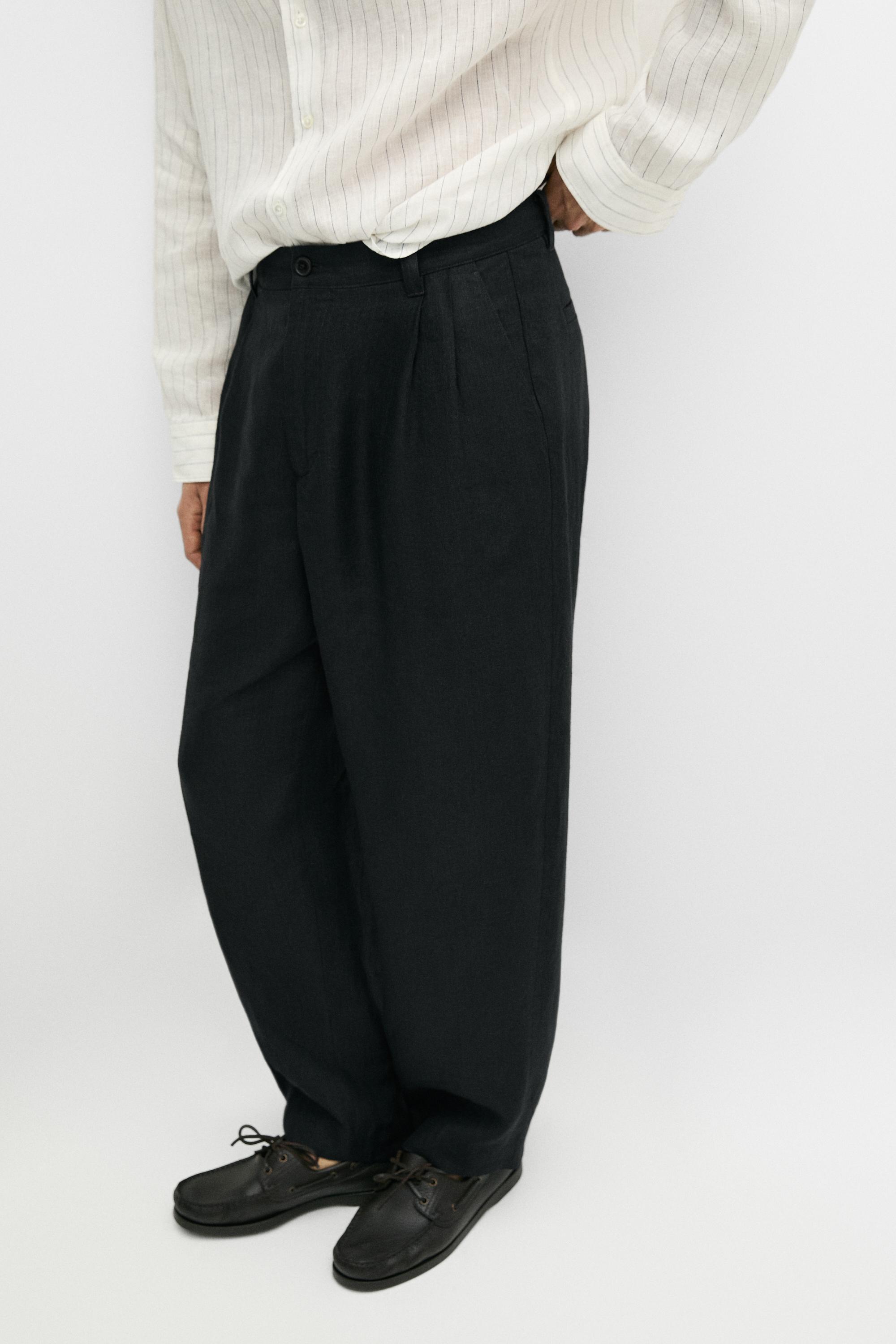 100% linen trousers with double darts — BLACK