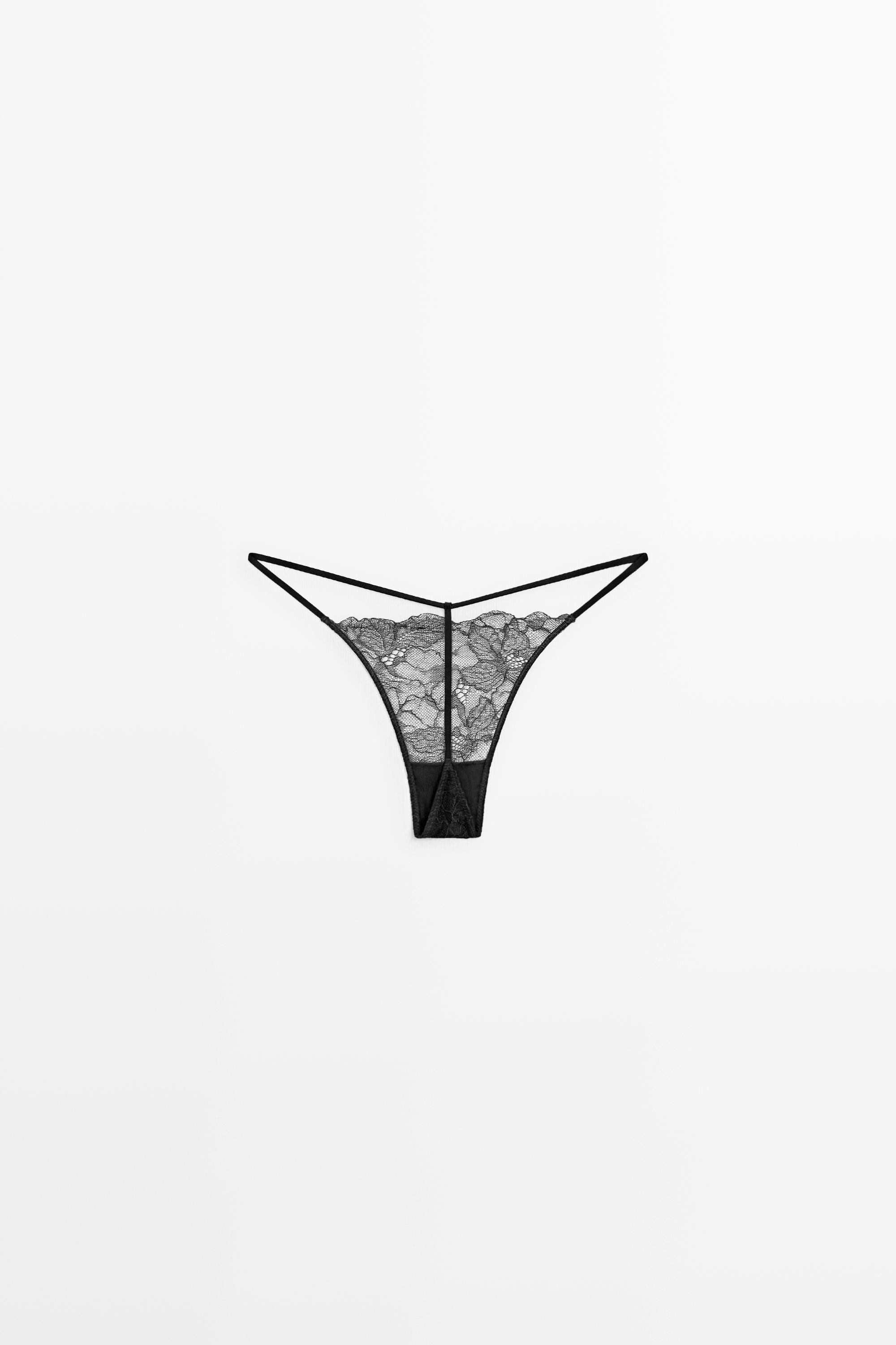 Wavy-trim lace thong — BLACK