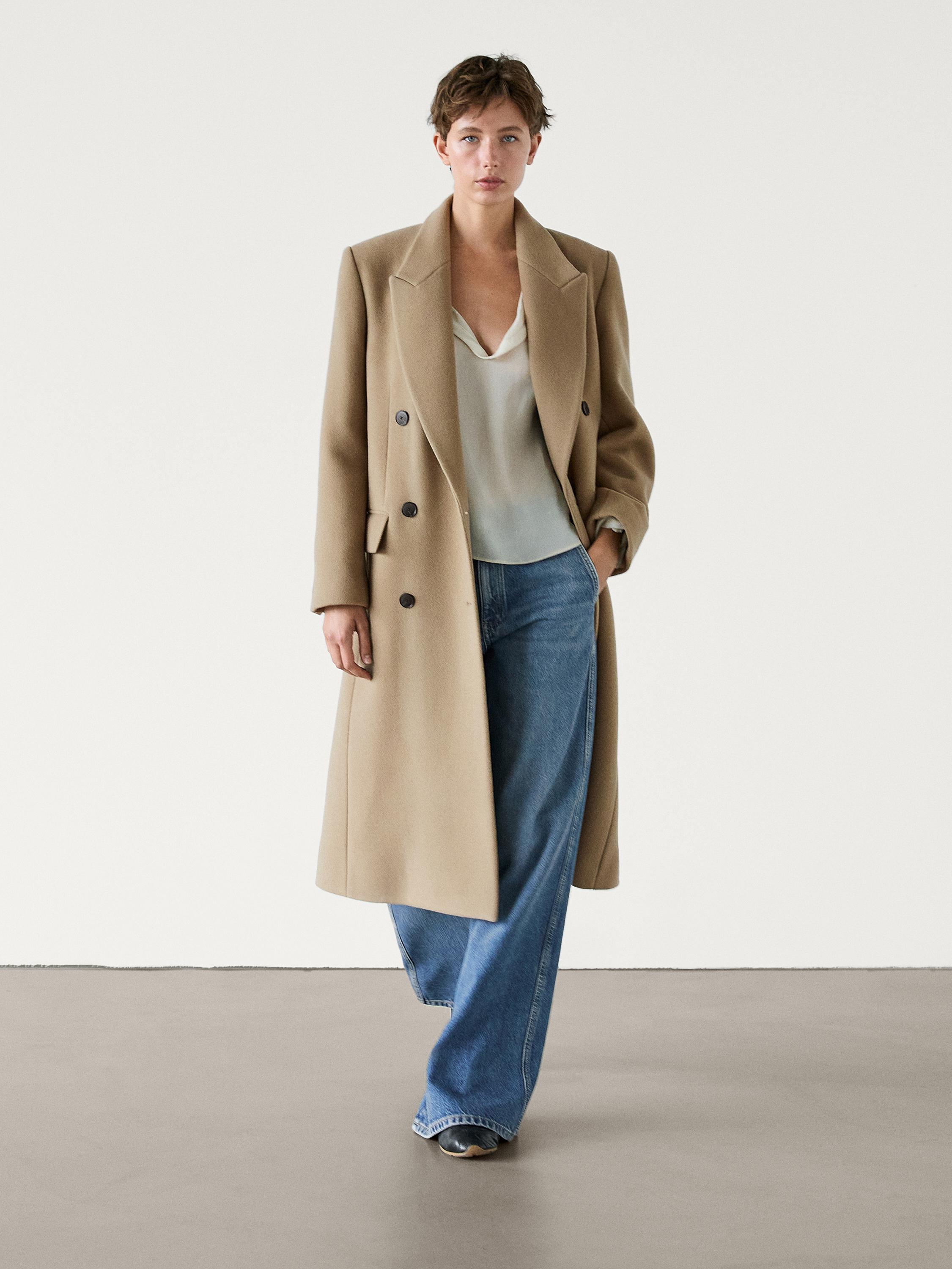 Manteau long a double boutonnage en laine melangee Camel Coats And Jackets Massimo Dutti