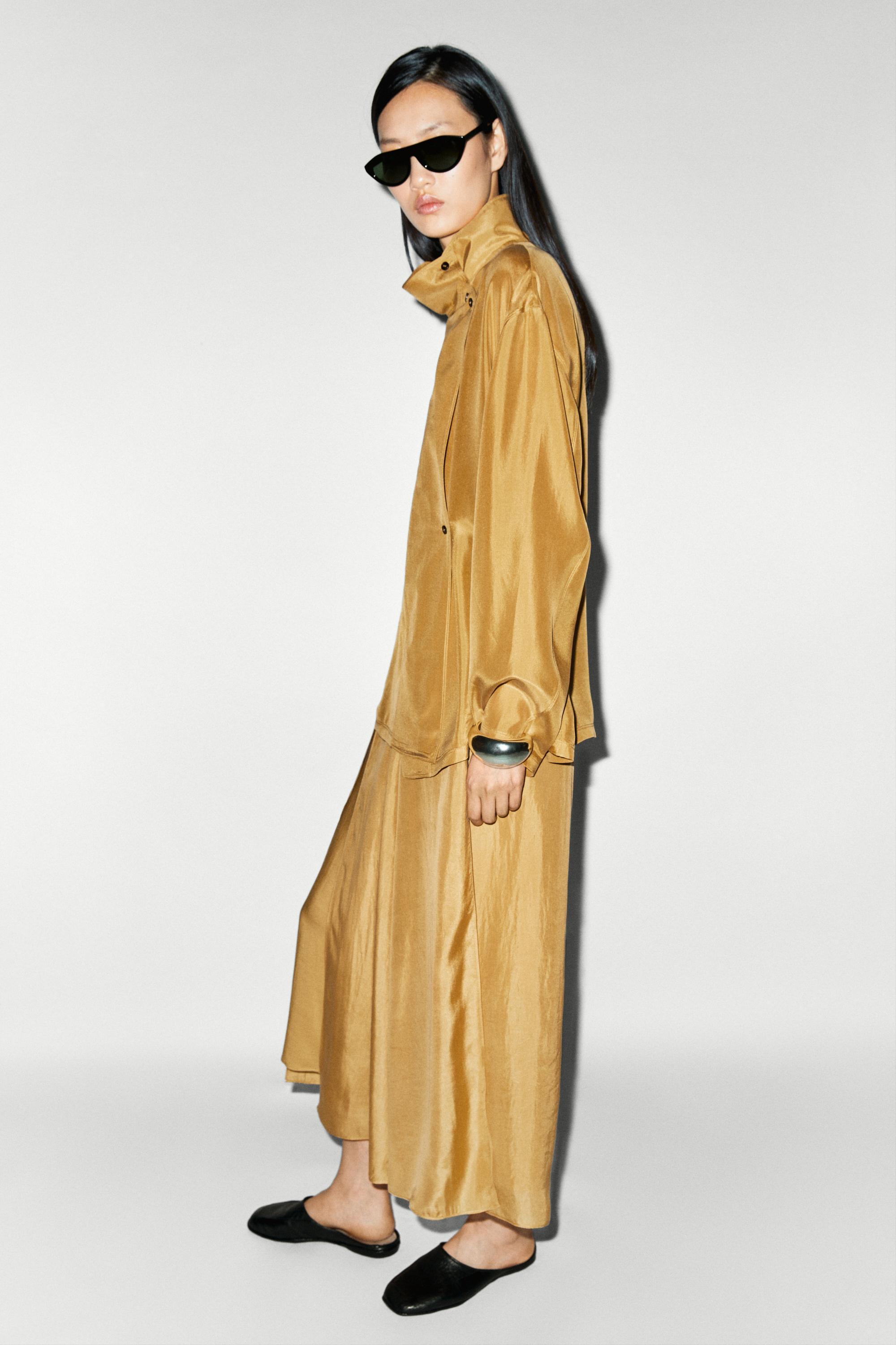 100% silk crossover mock neck shirt — MUSTARD YELLOW