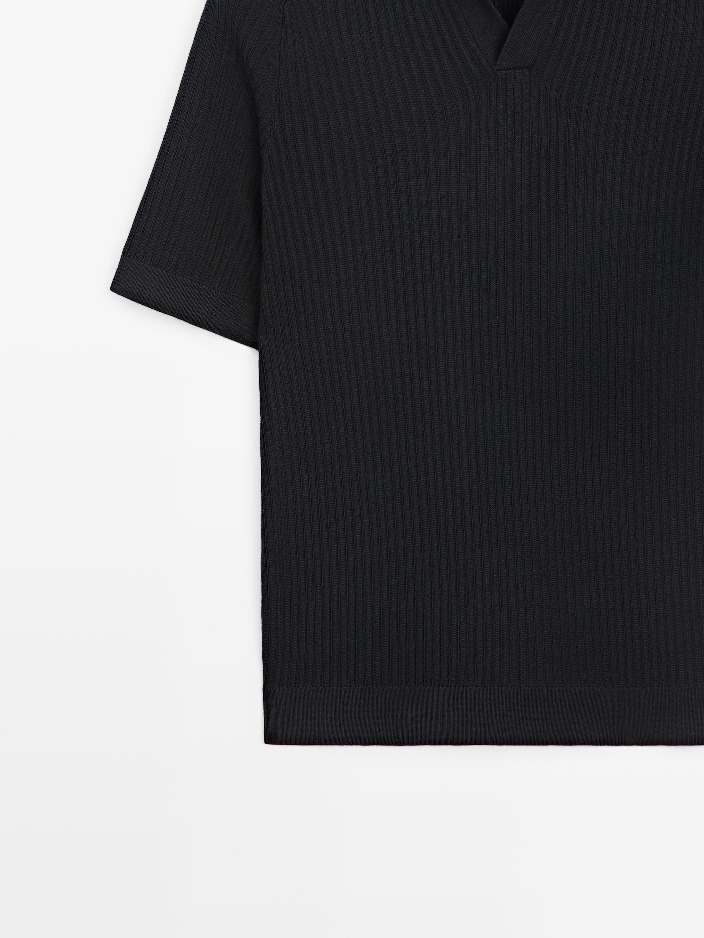 Ribbed knit cotton polo sweater — NAVY BLUE
