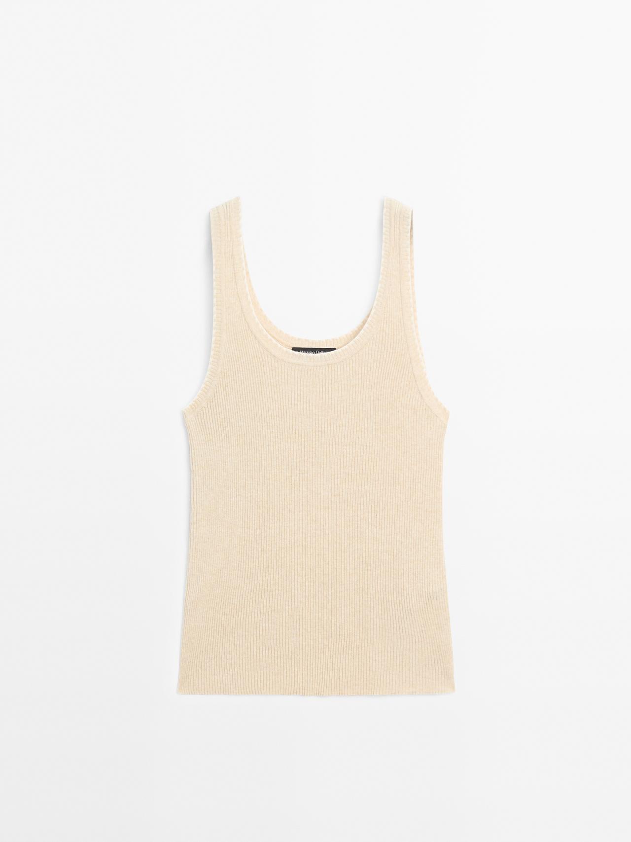 Massimo Dutti - Dame - Top I Rib Af 100 % Bomuld Med Kontrastdetalje - Beige - Xl