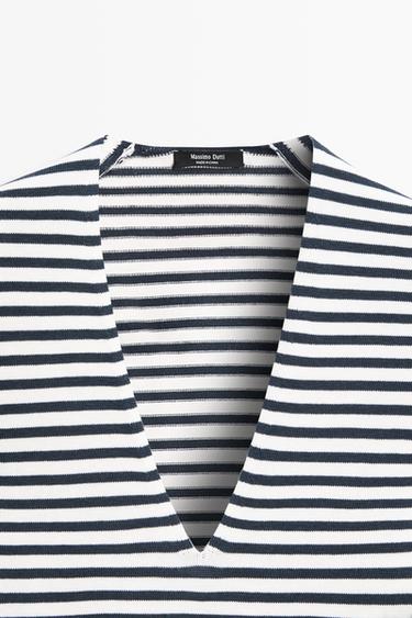 Striped V-neck knit sweater — CREAM 6