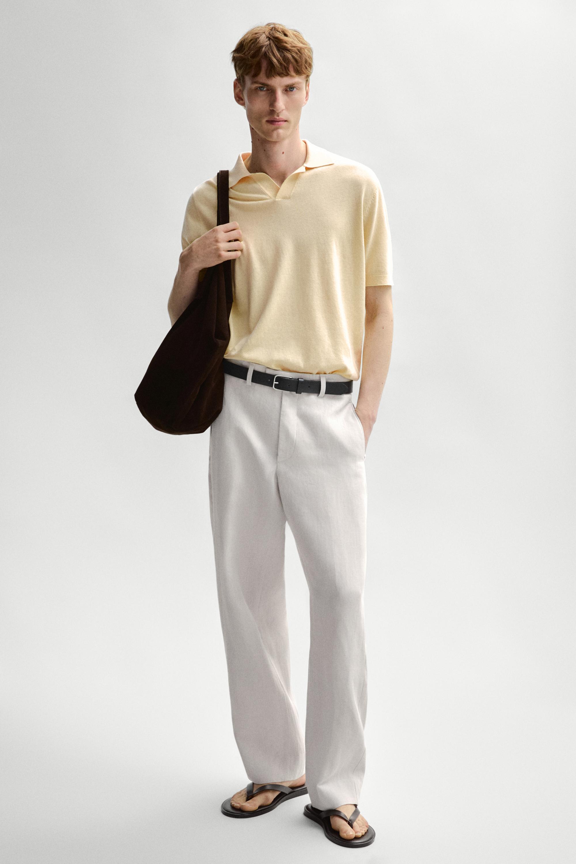 Cotton and linen knit polo sweater — Yellow