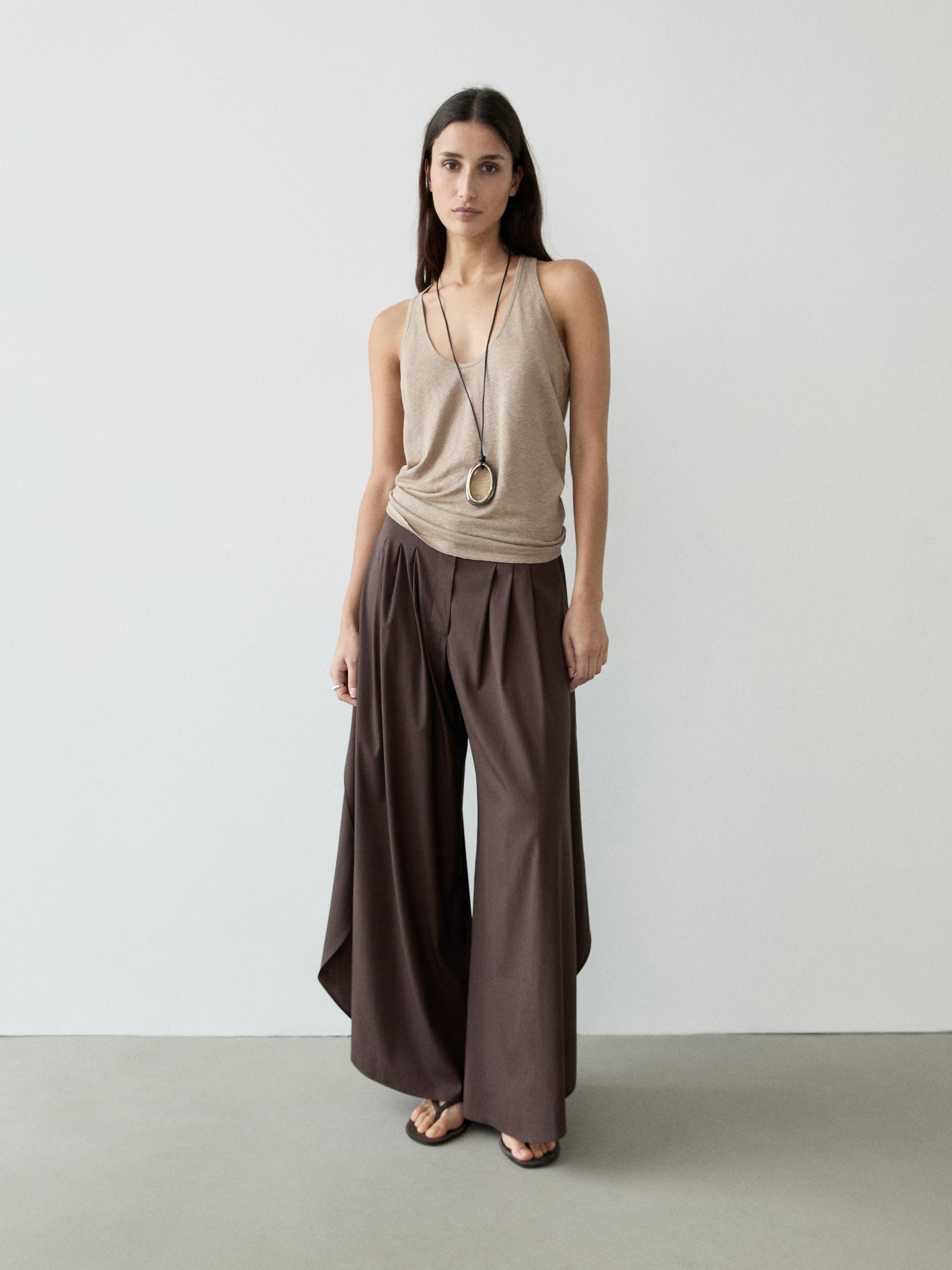 Wide-leg pleated trousers with side vents — Chocolate