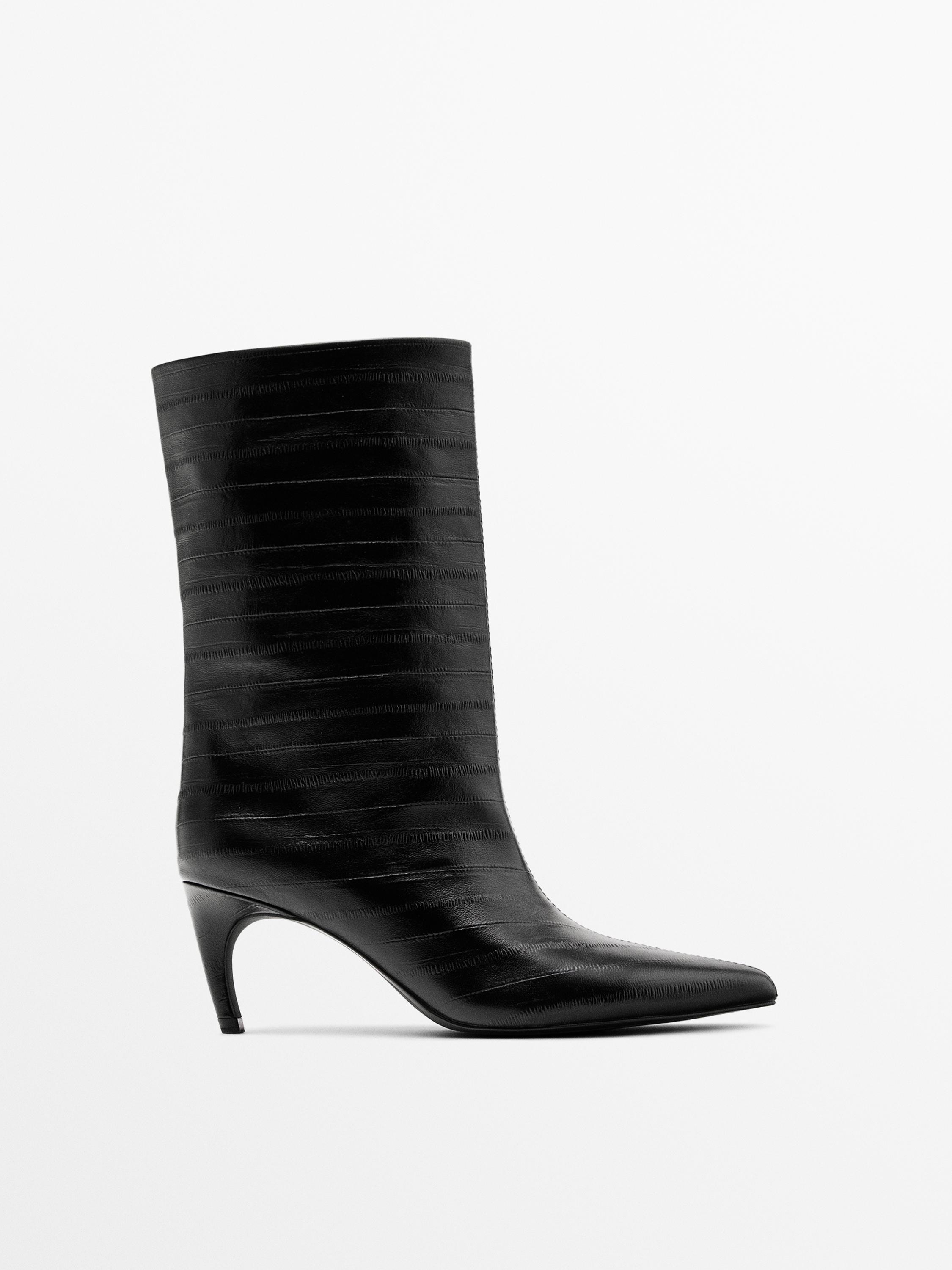 Embossed leather high-heel ankle boots · Black · Shoes Massimo Dutti