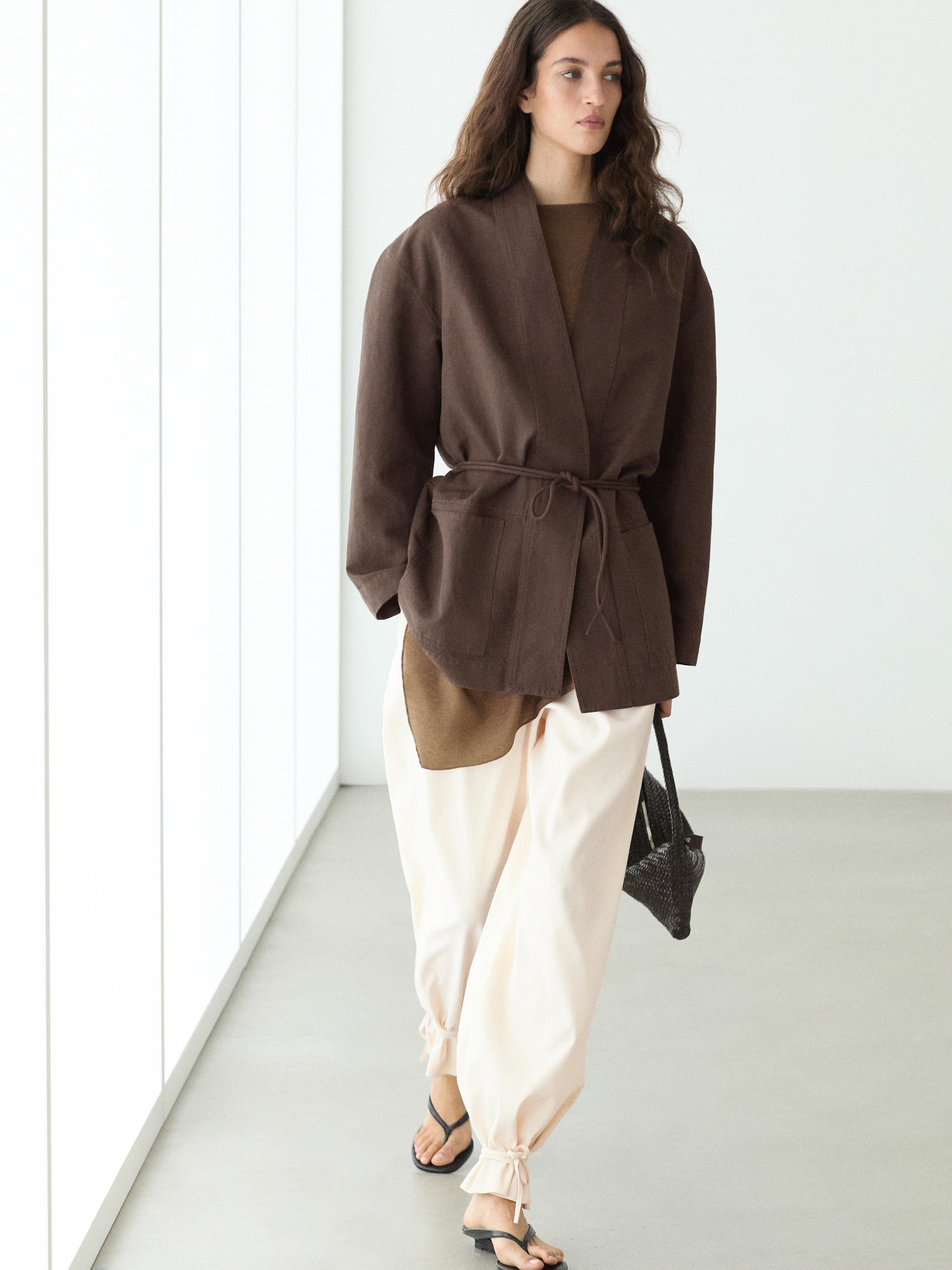 Linen blend kimono jacket with tie detail — Chocolate