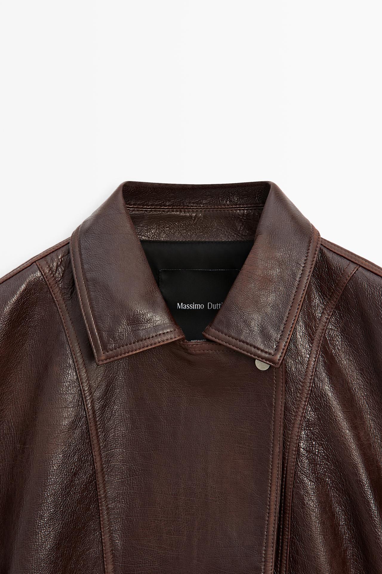 Pleated-detail Nappa leather jacket — BROWN