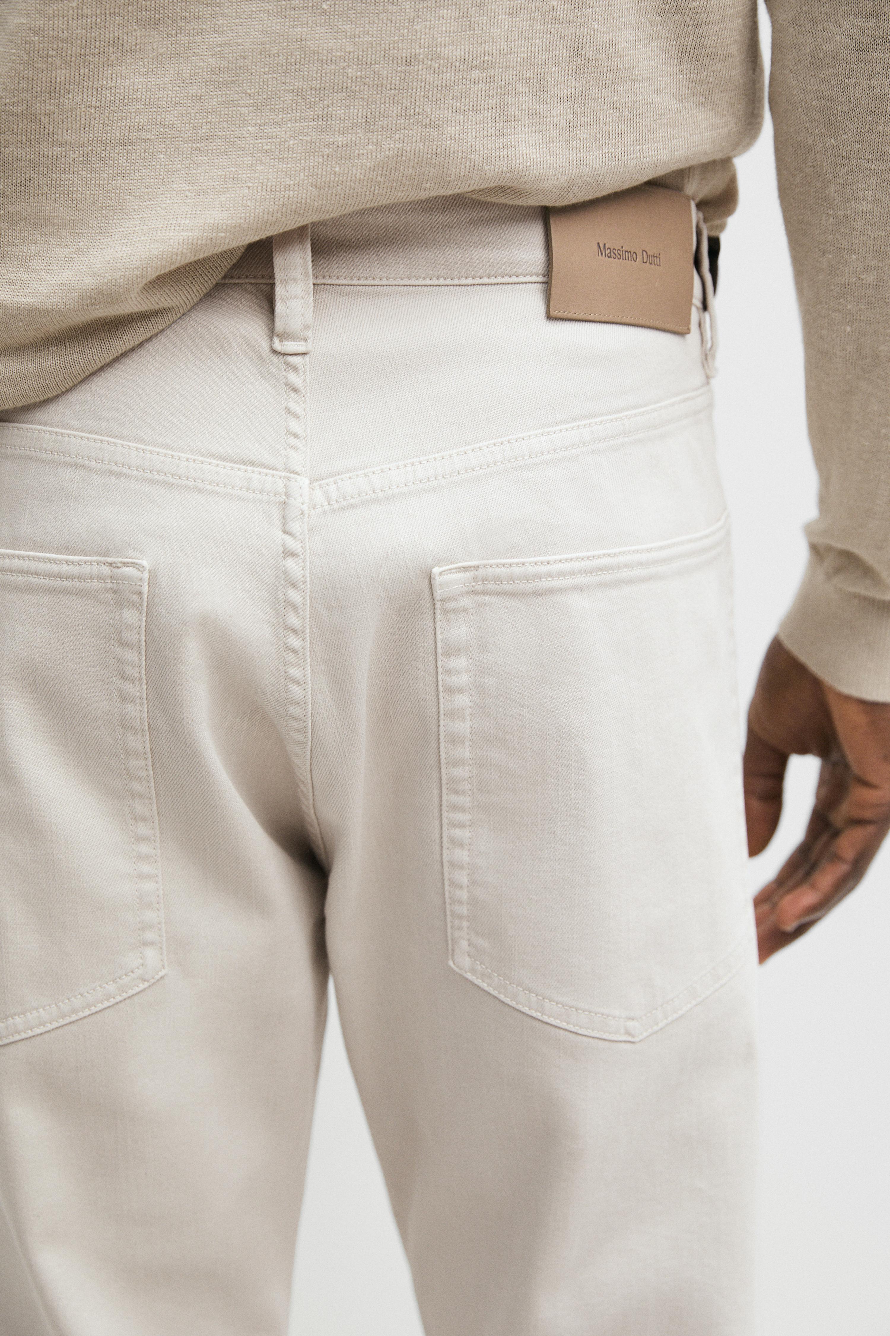 Lightweight tapered fit denim-effect trousers — STONE
