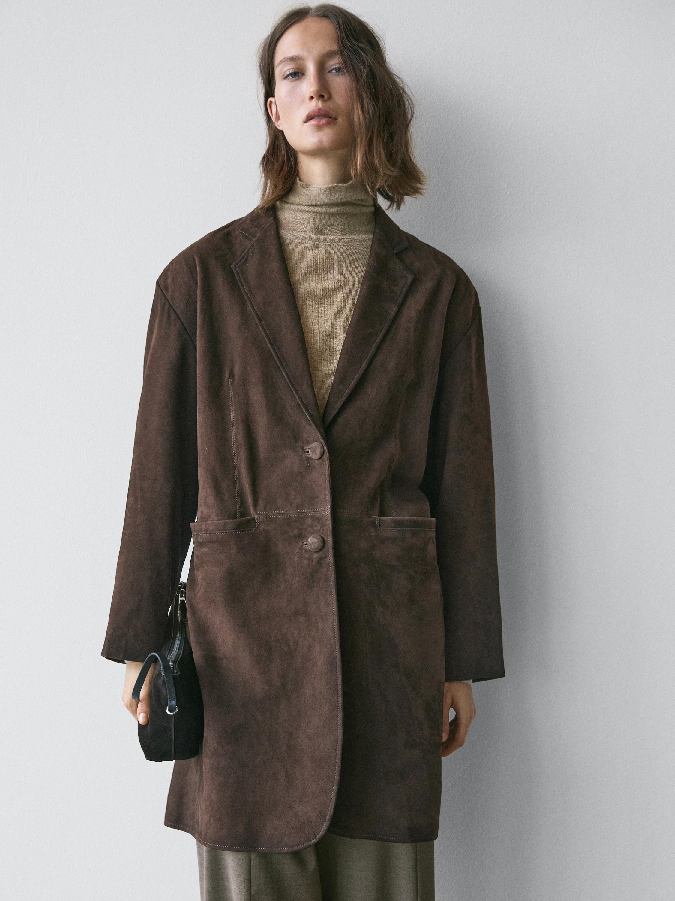 Long suede leather coat — BROWN