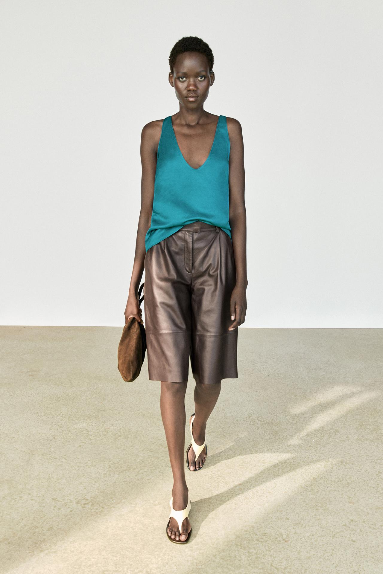 Satin linen blend V-neck top — TURQUOISE