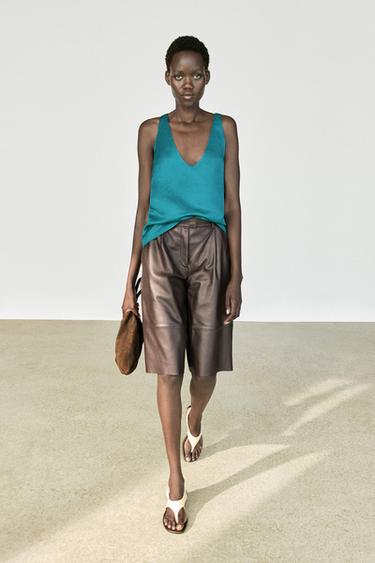 Satin linen blend V-neck top — TURQUOISE 1