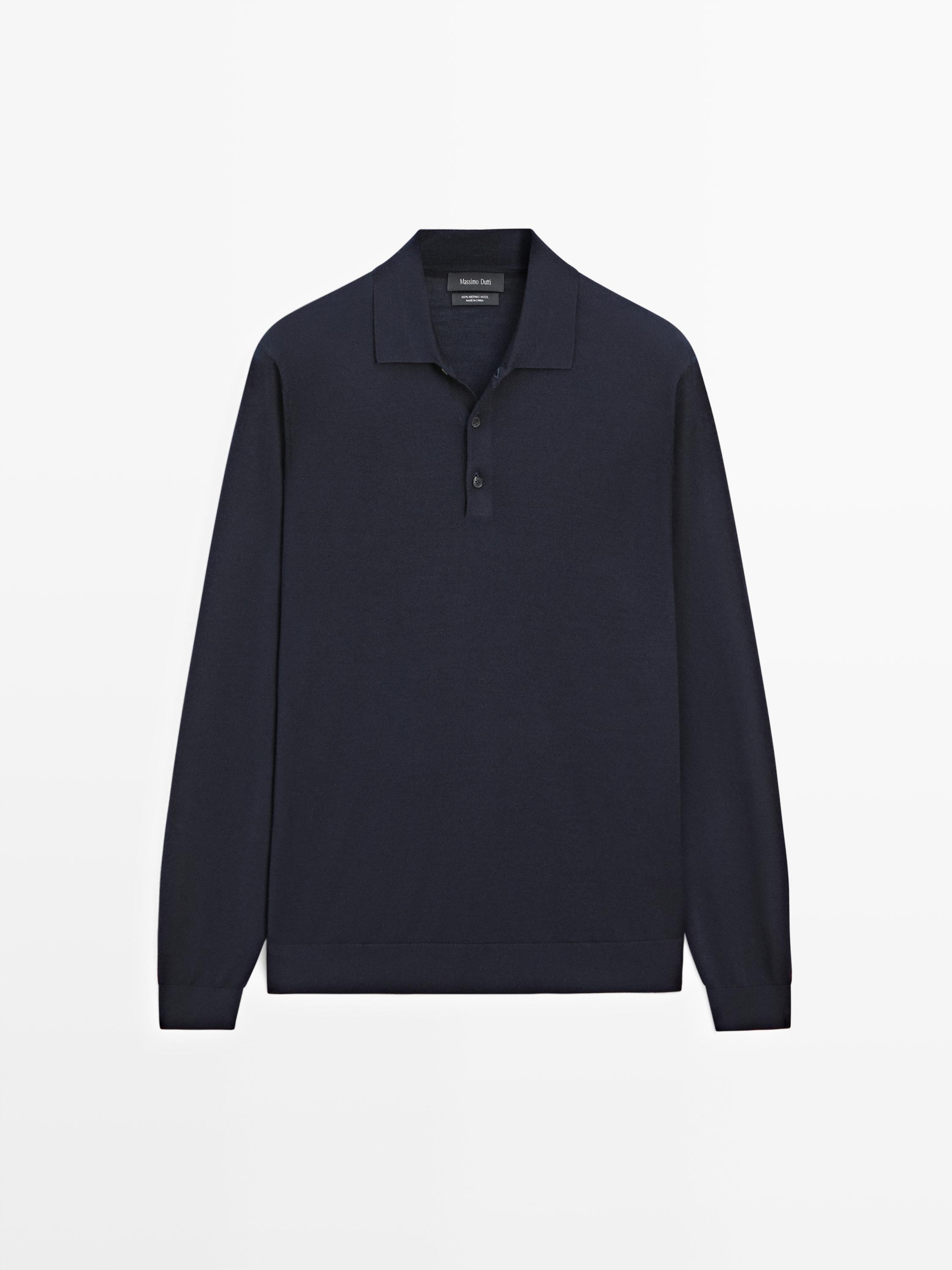 100% wool knit sweater with polo collar — NAVY BLUE
