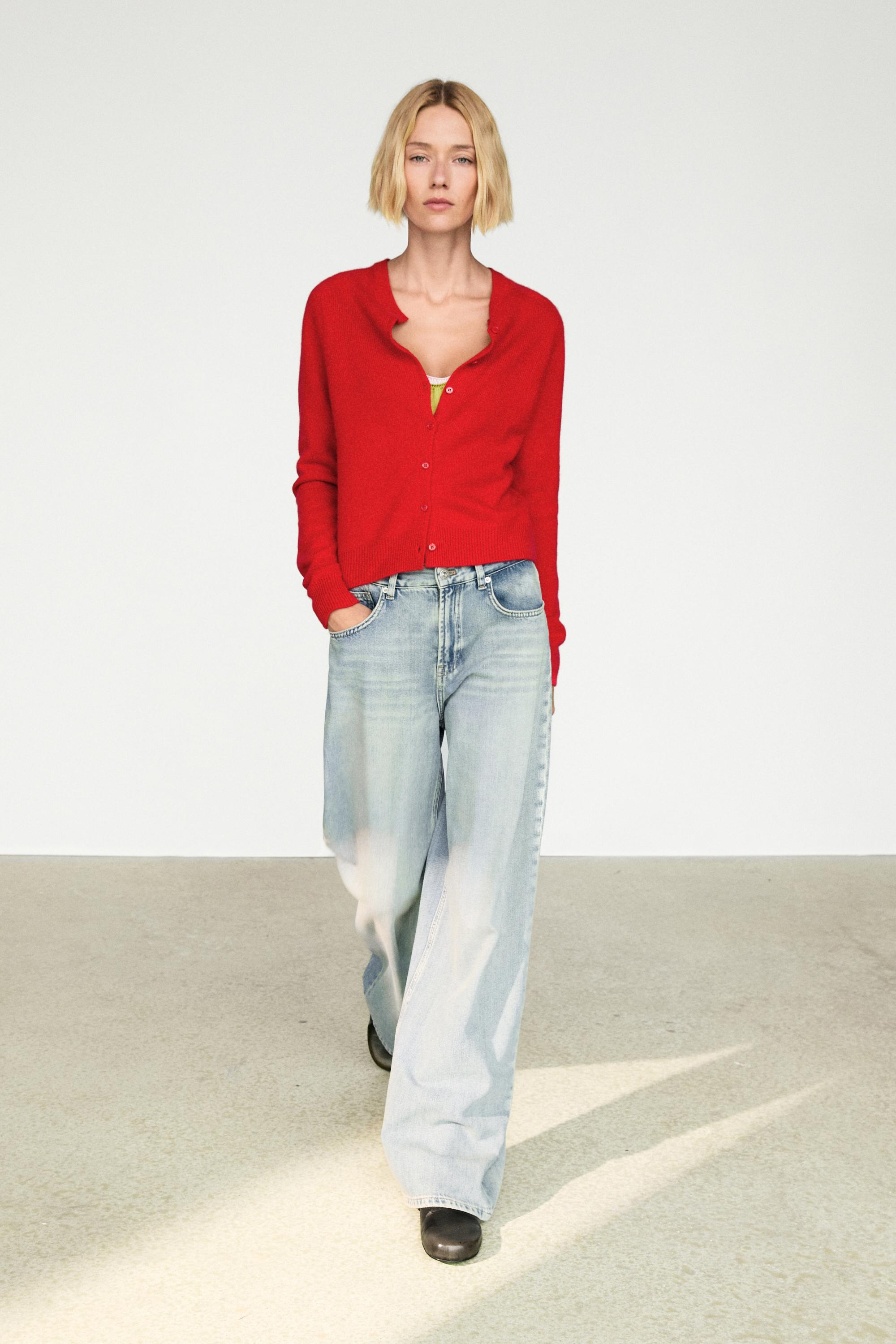 100% cashmere cropped knit cardigan — RED