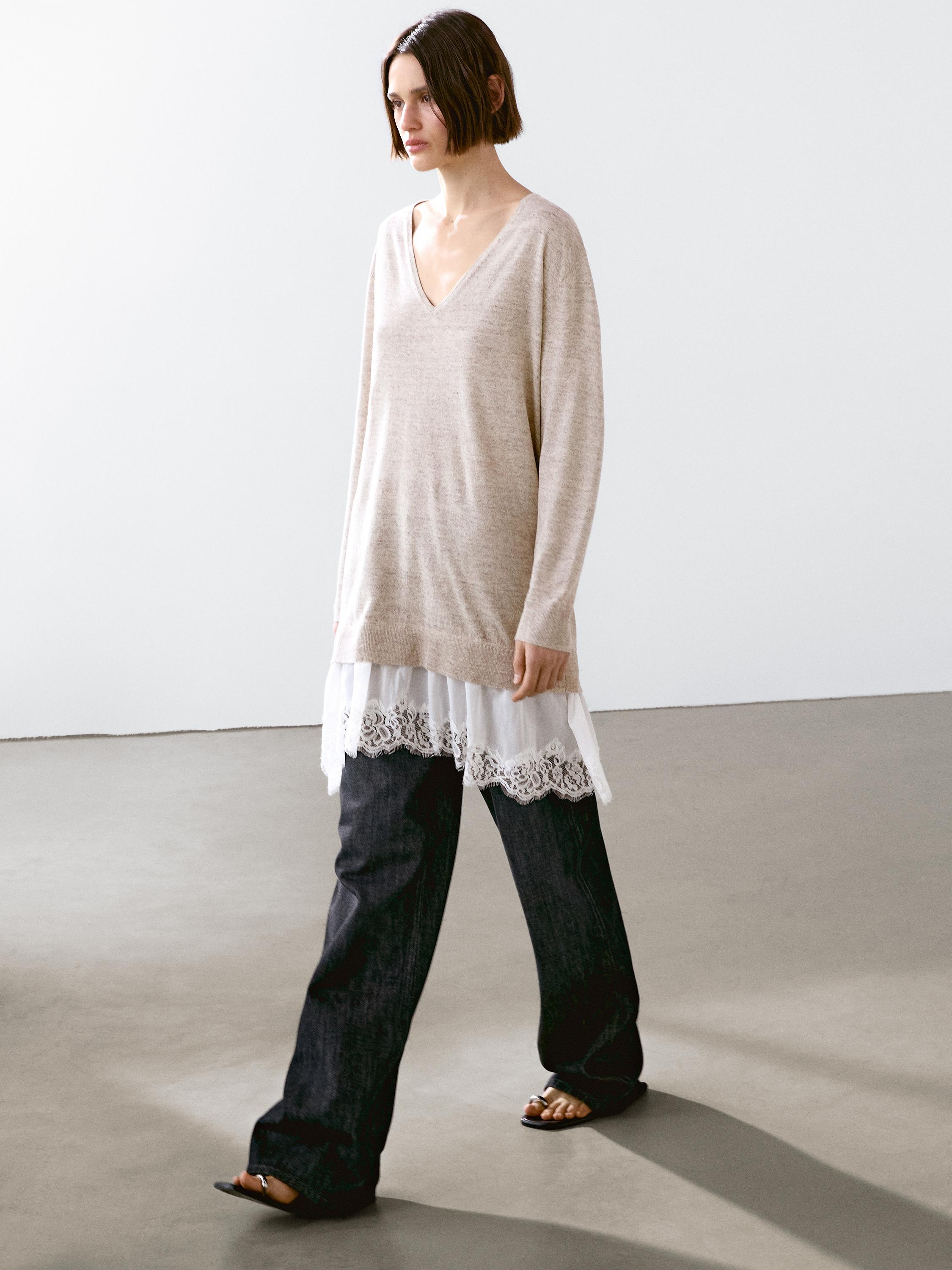 Linen blend dress with lace trim