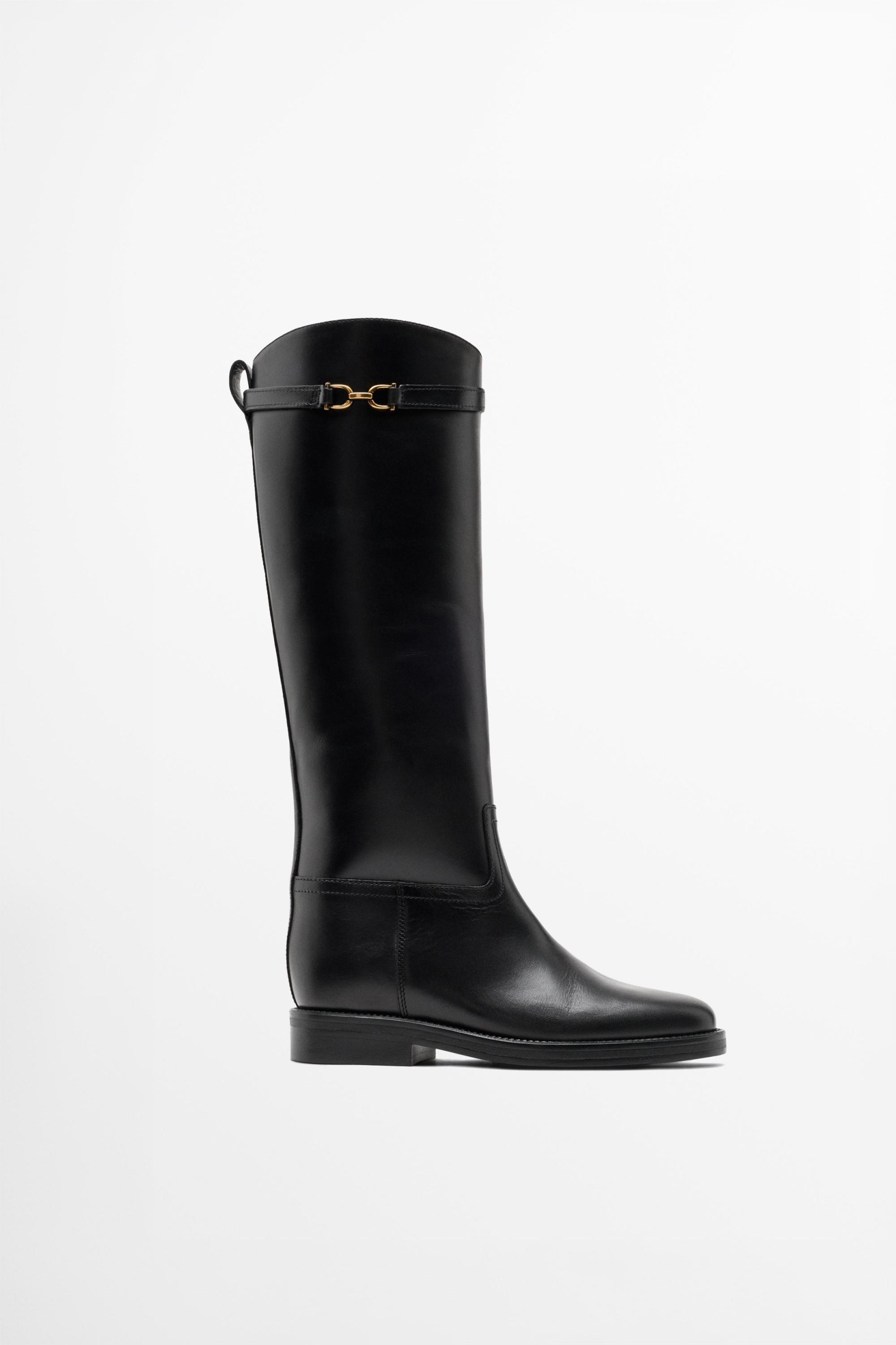 Leather riding boots · Black · Flatâ Boot | Massimo Dutti