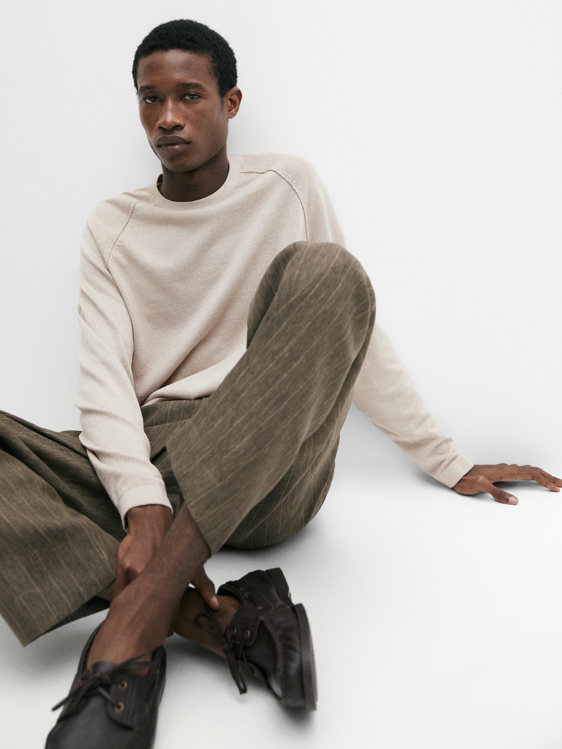 Linen blend knit crew neck sweater — BEIGE