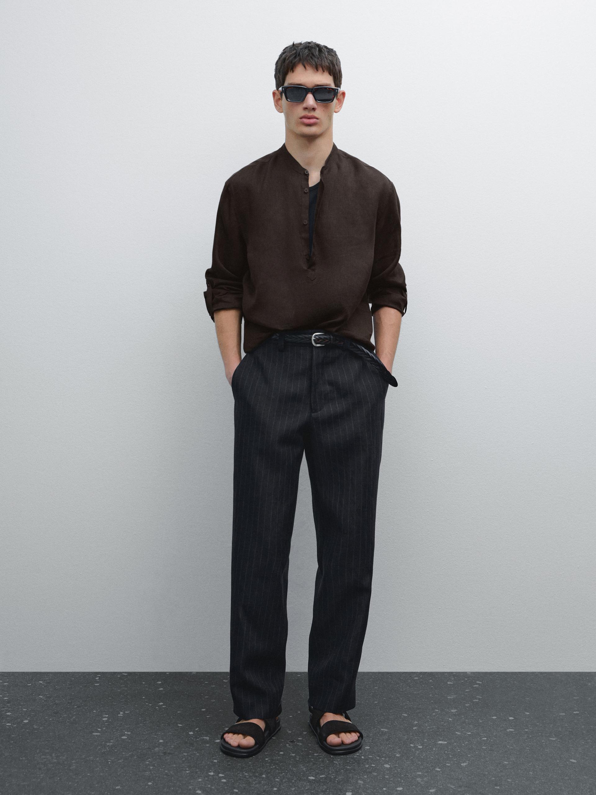 Chemise Col Mao 100 % Lin - Chocolat - S - Massimo Dutti - Homme