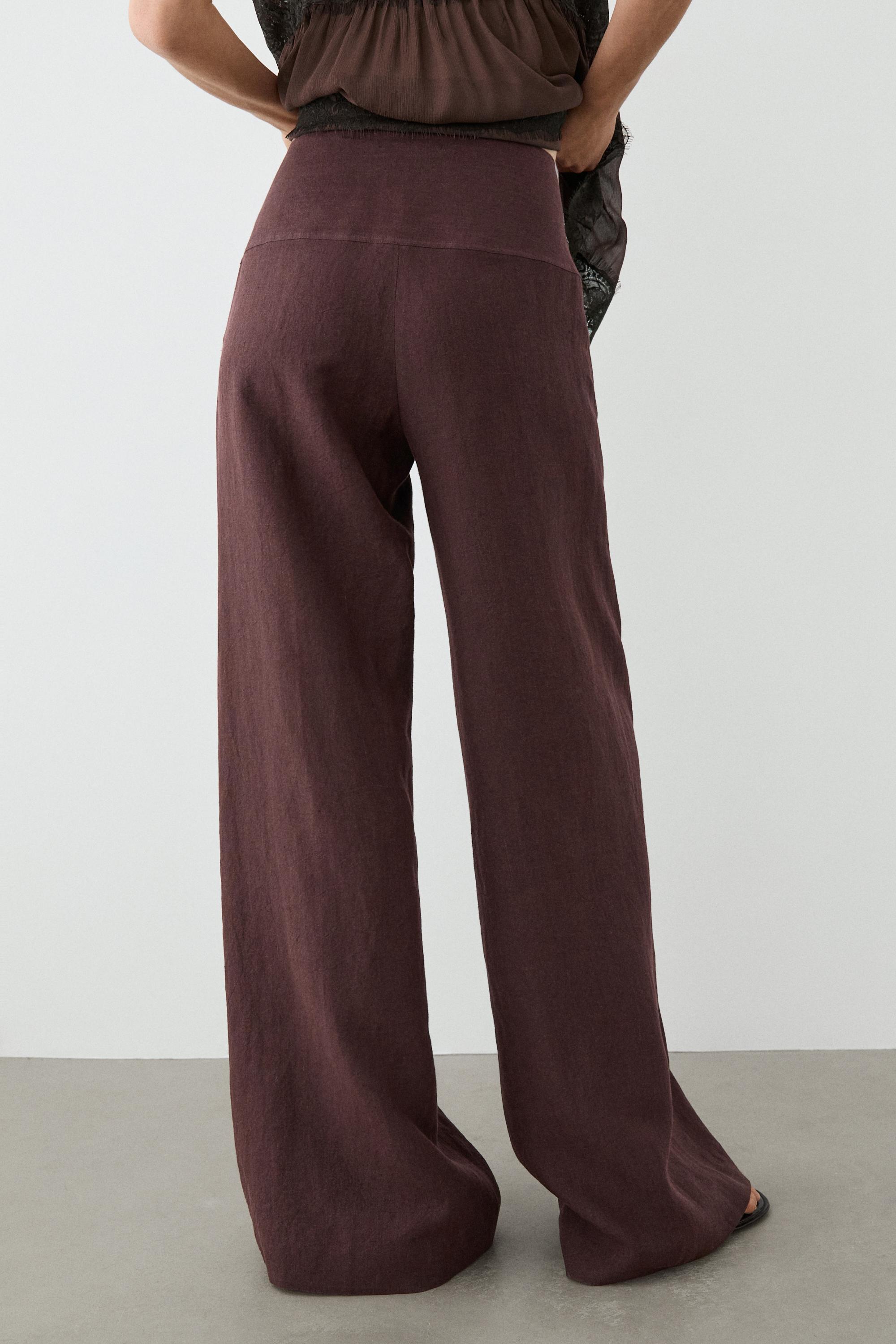 100% linen mid-waist flared pants — MAROON