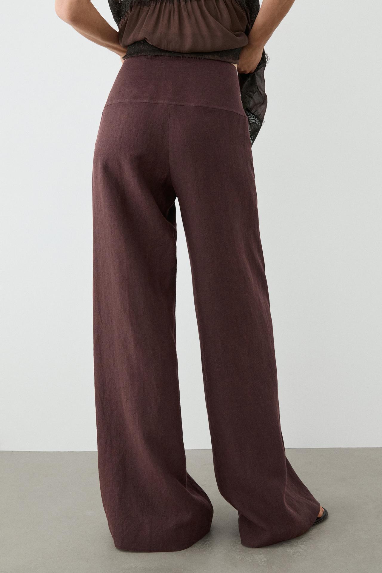 100% linen mid-waist flare pants — MAROON