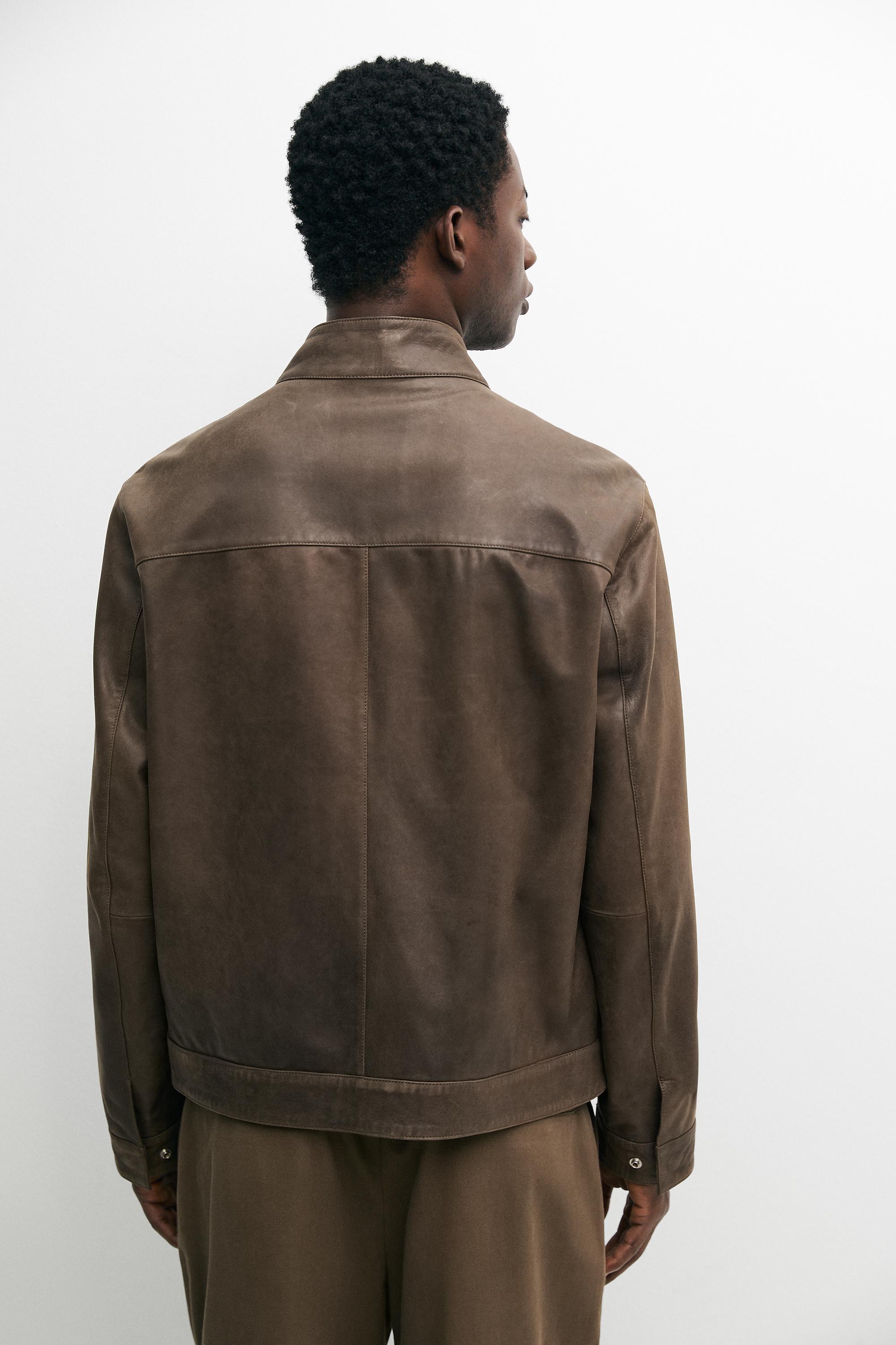Nappa leather jacket with collar detail — Khaki