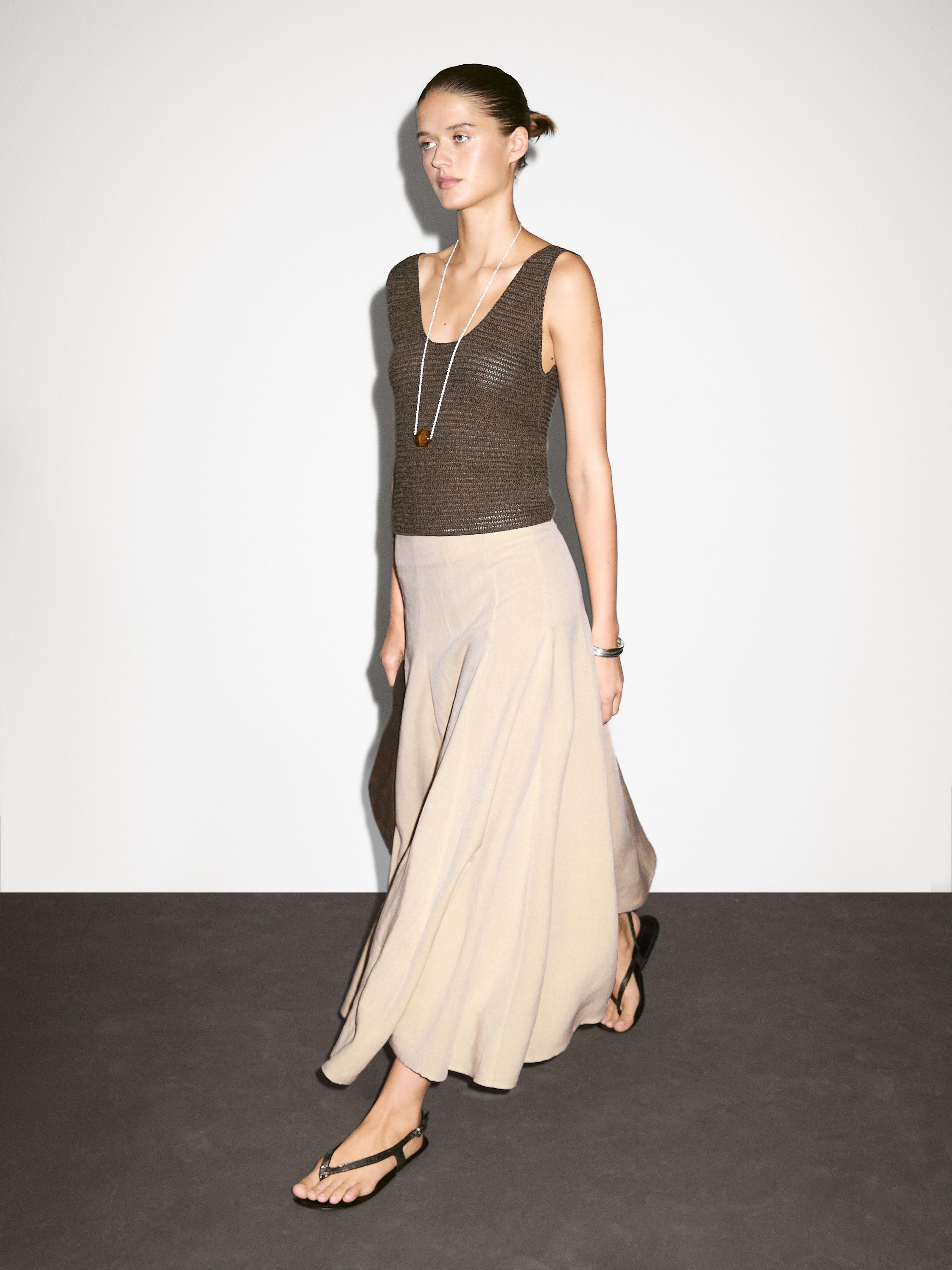 Flounce linen blend midi skirt
