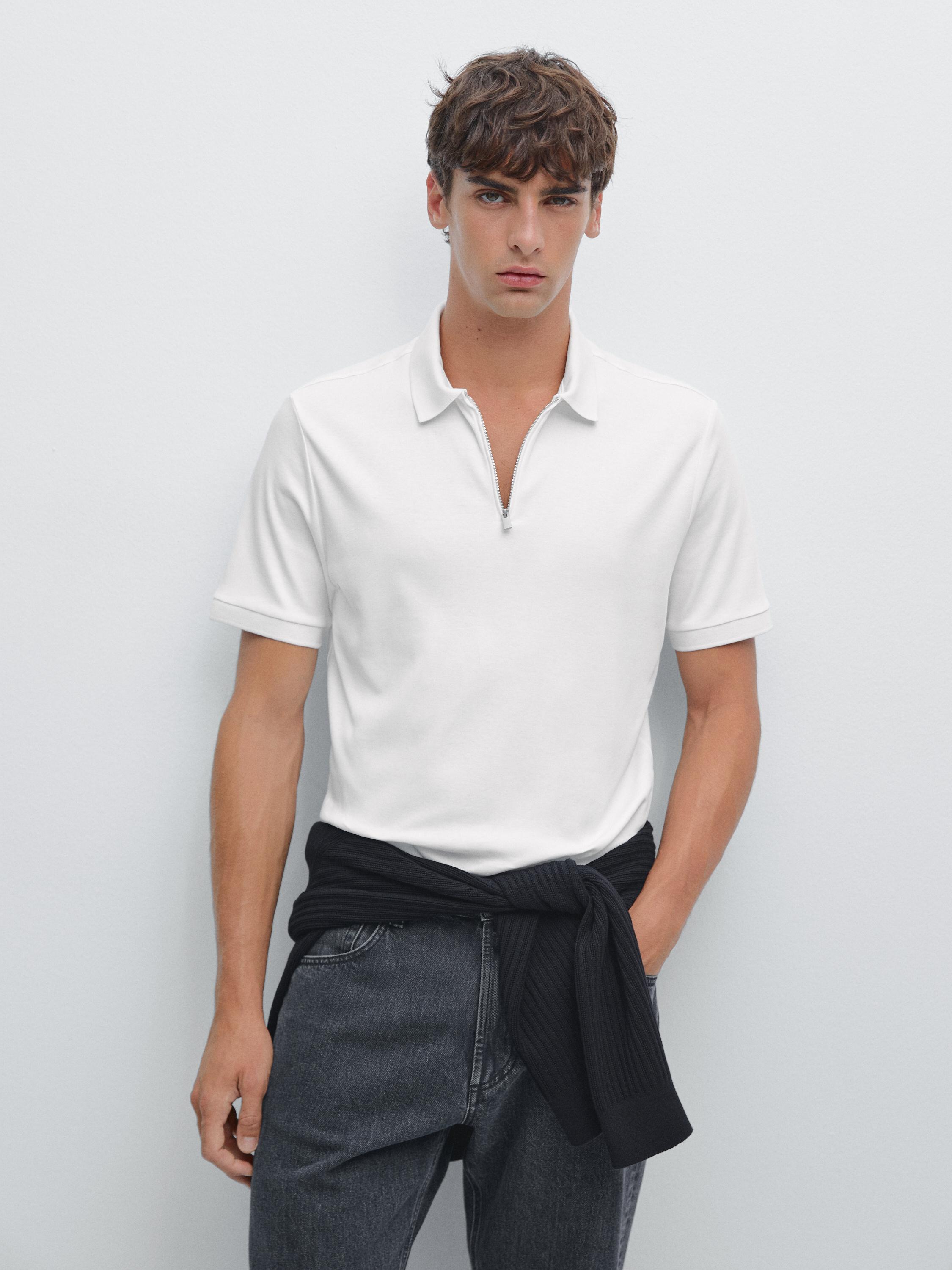 Short sleeve polo shirt with zip-up collar