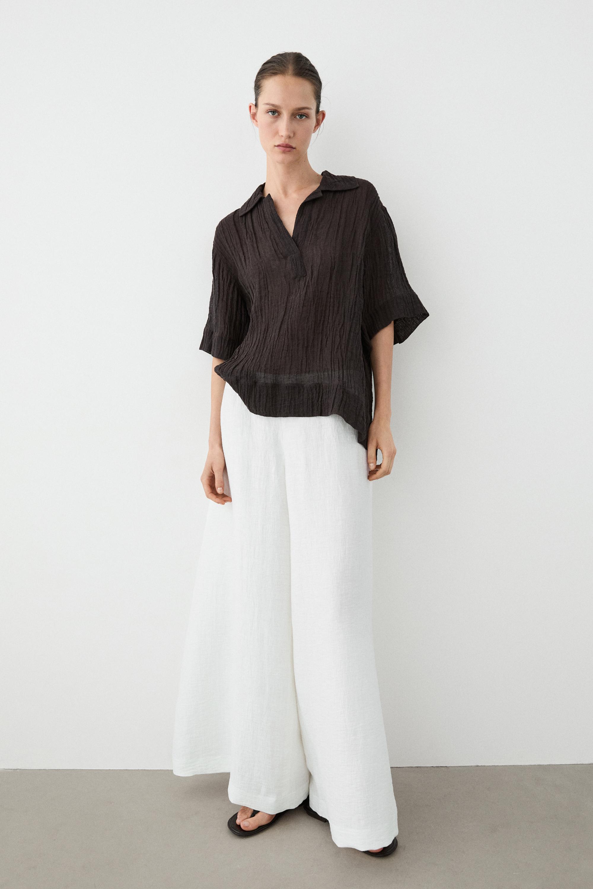 Flowing linen blend polo blouse — BROWN