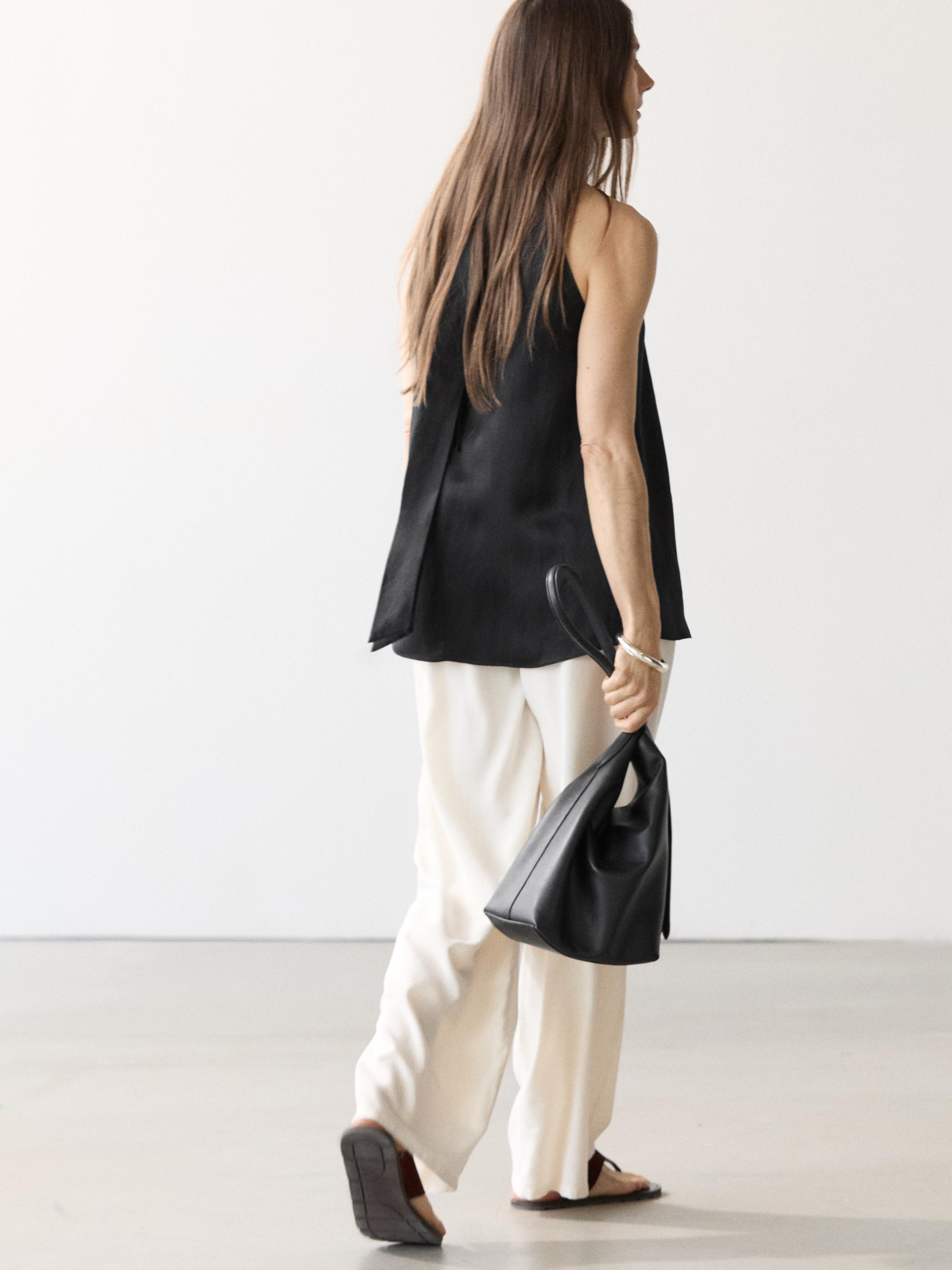 Satin halter top with tie detail — BLACK