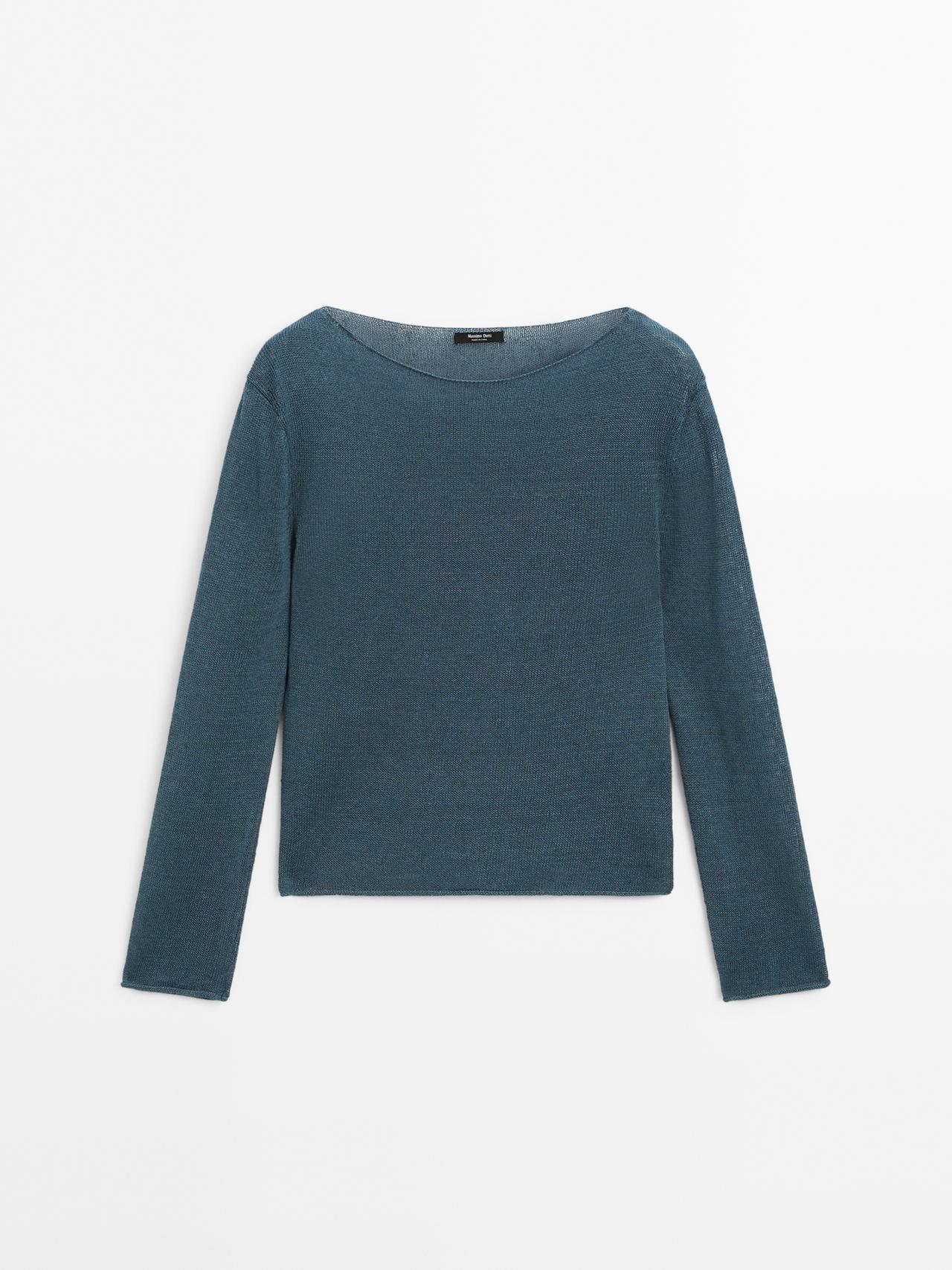 Massimo Dutti - Dame - Sweater I Hørblanding Med Hulmønster - Grøn - Xl