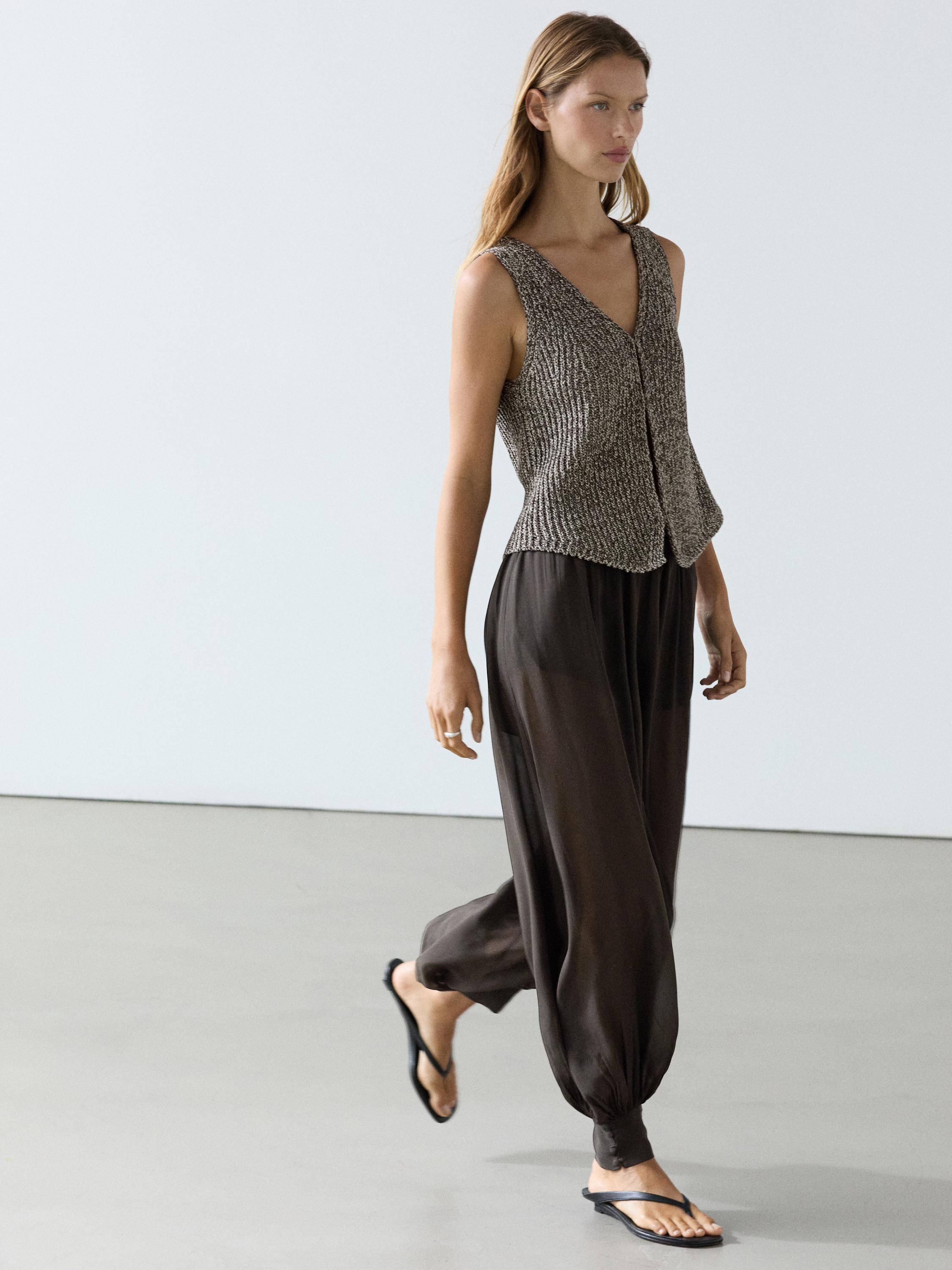 Cotton blend V-neck knit vest — BROWN MARL