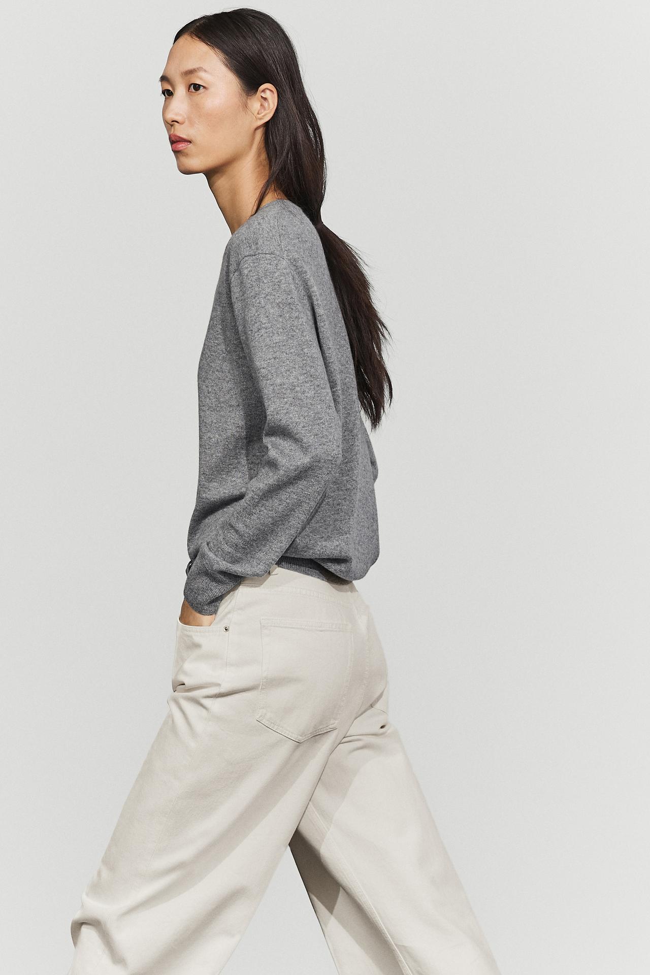 Wool blend crew neck knit sweater — GREY MARL