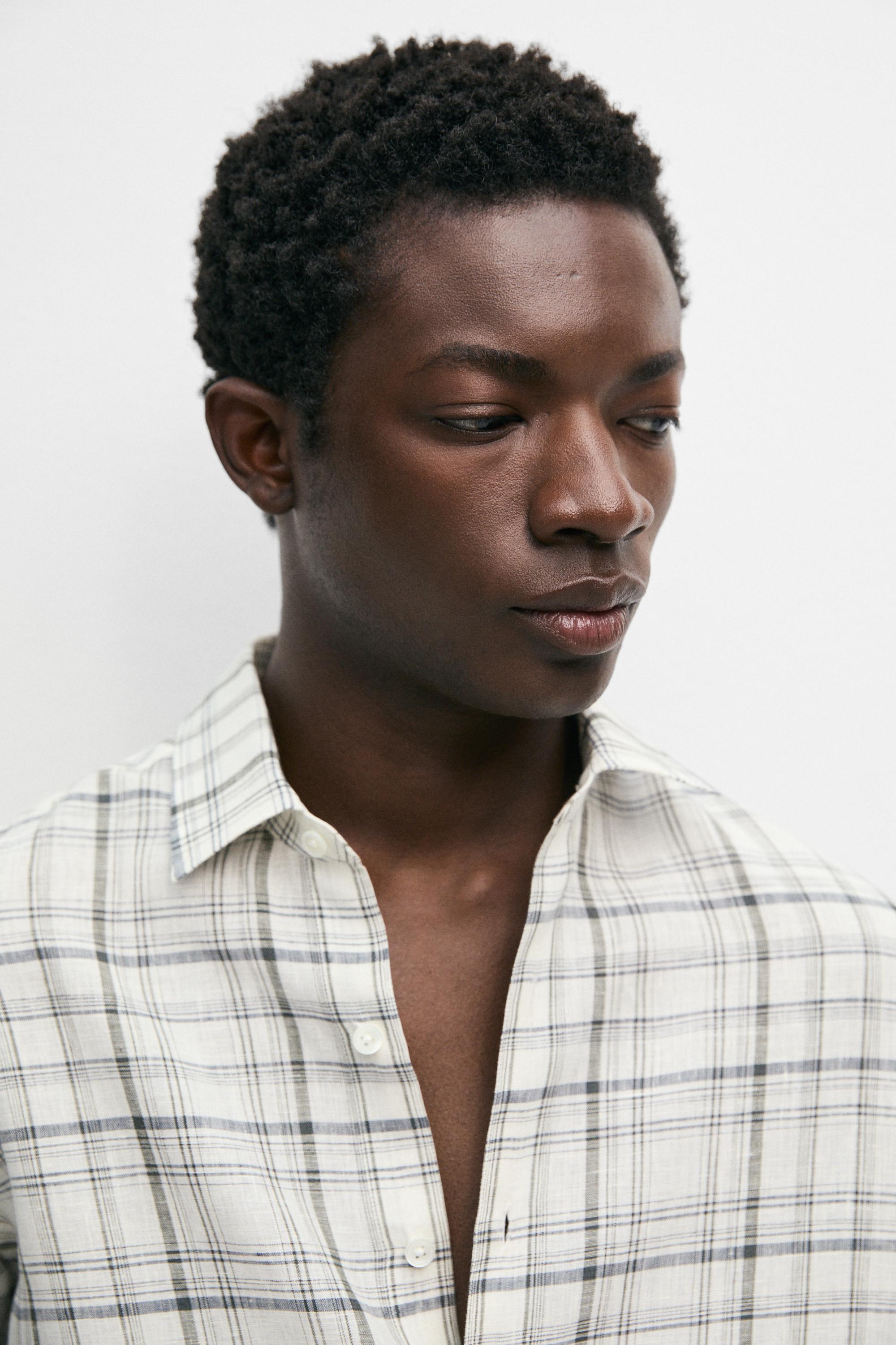 100% linen check shirt — CREAM