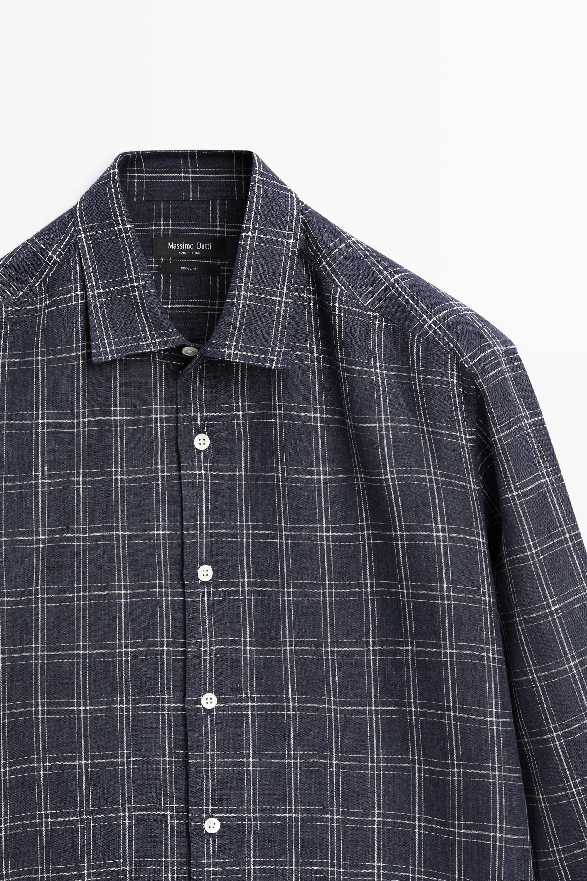 100% linen regular fit check shirt — DARK BLUE