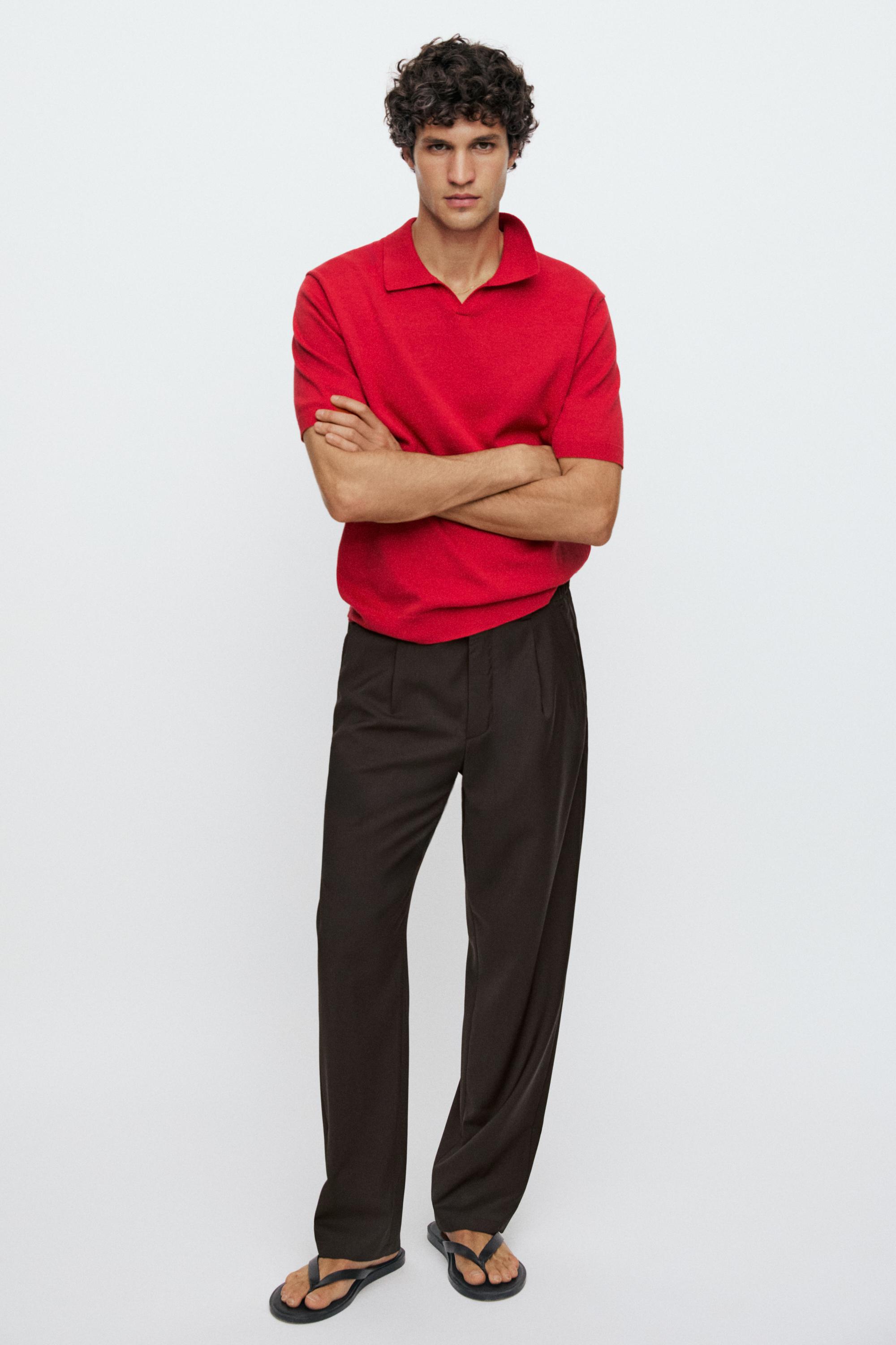Cotton blend V-neck polo shirt — RED
