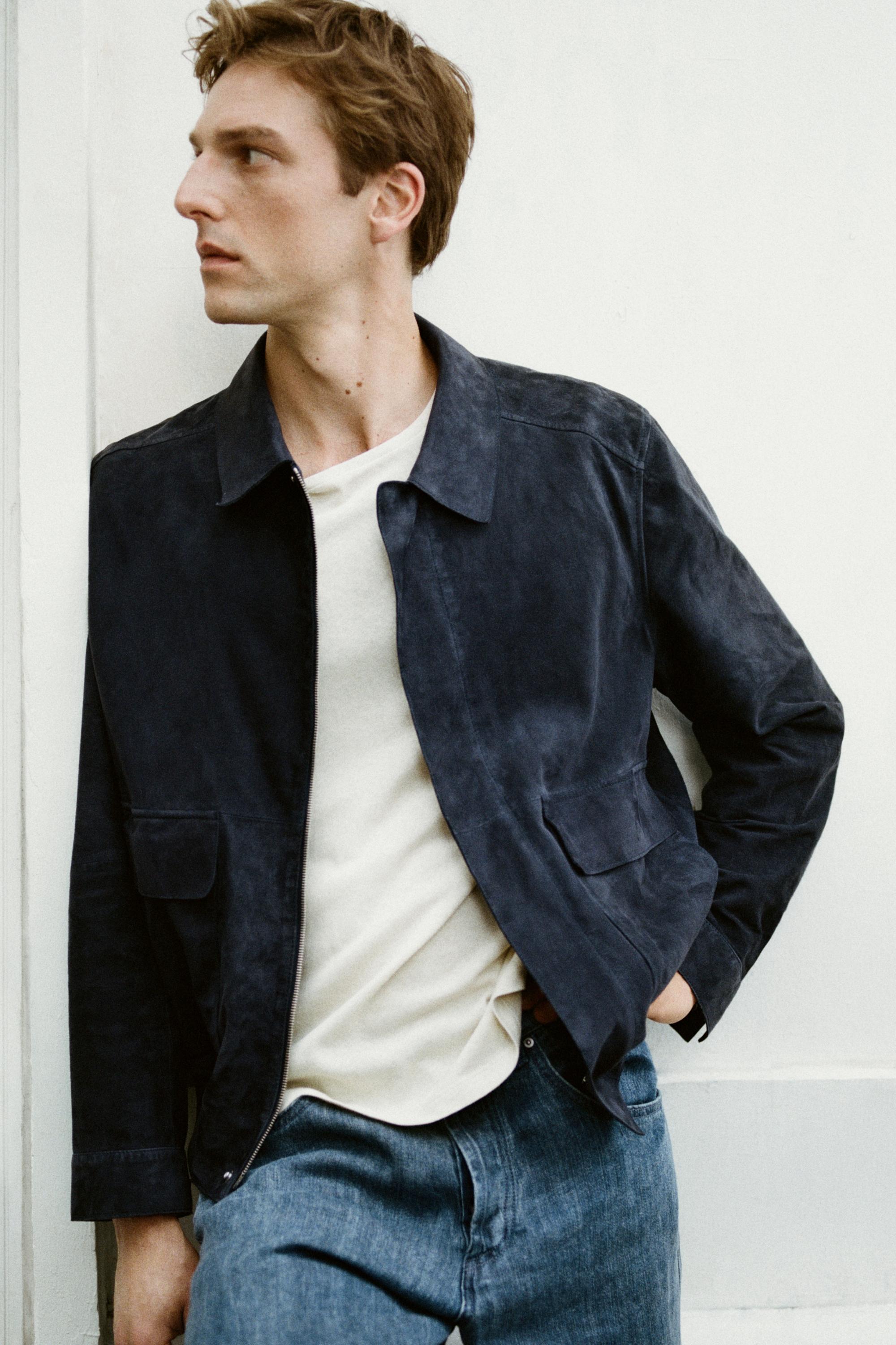 Suede leather jacket with pockets — BLUE