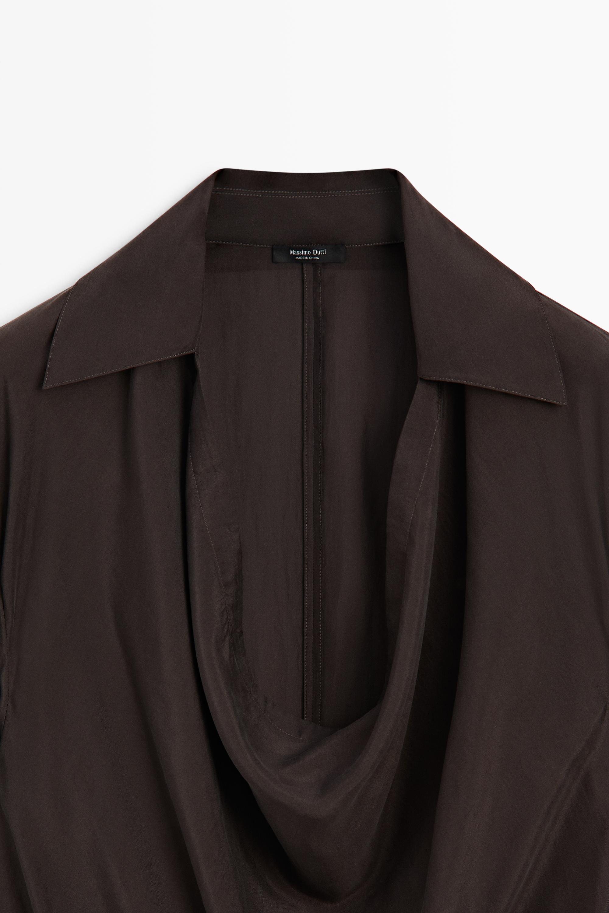 100% Silk Draped Neckline Flowy Shirt — BROWN