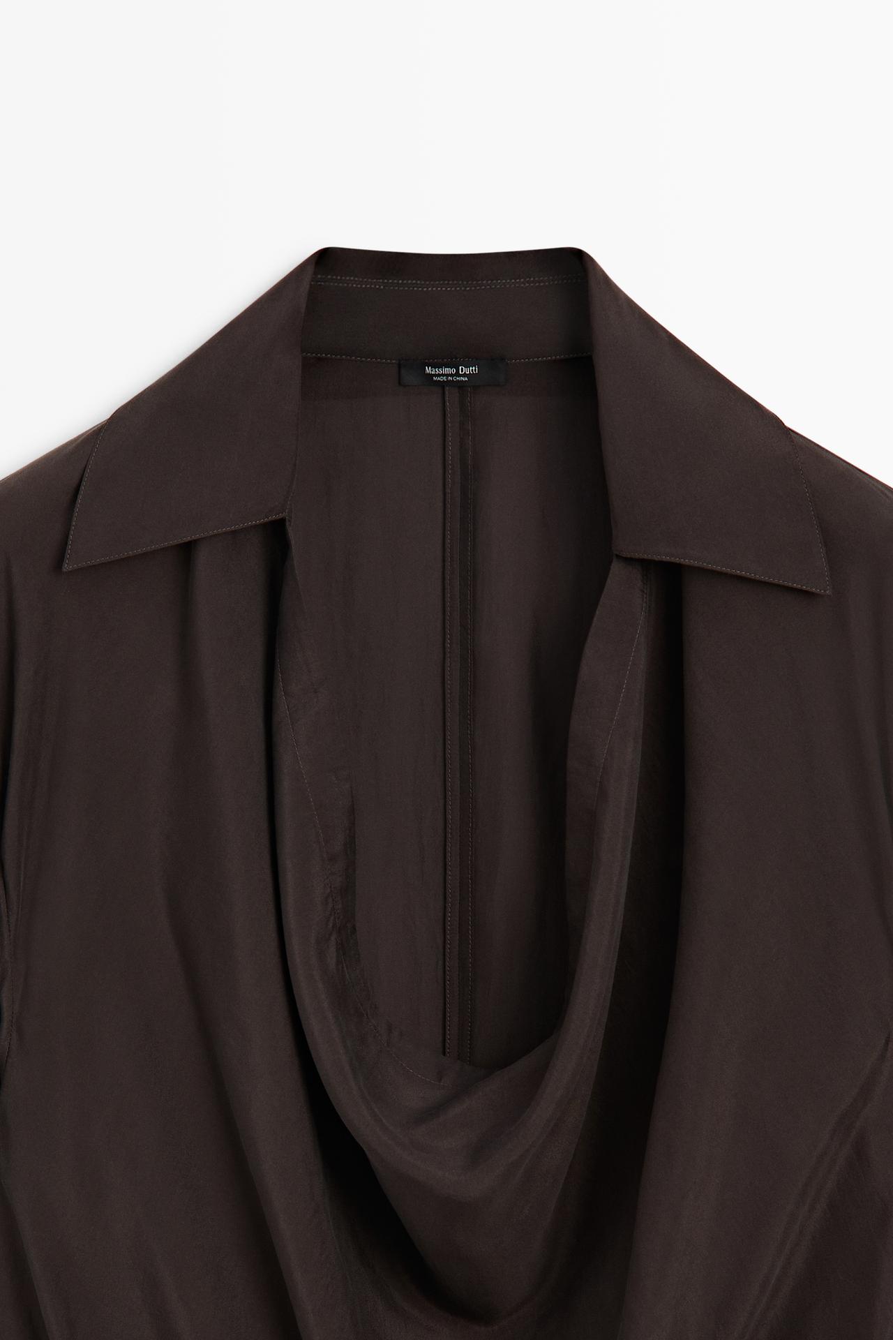 100% silk flowing blouse with draped neckline — BROWN