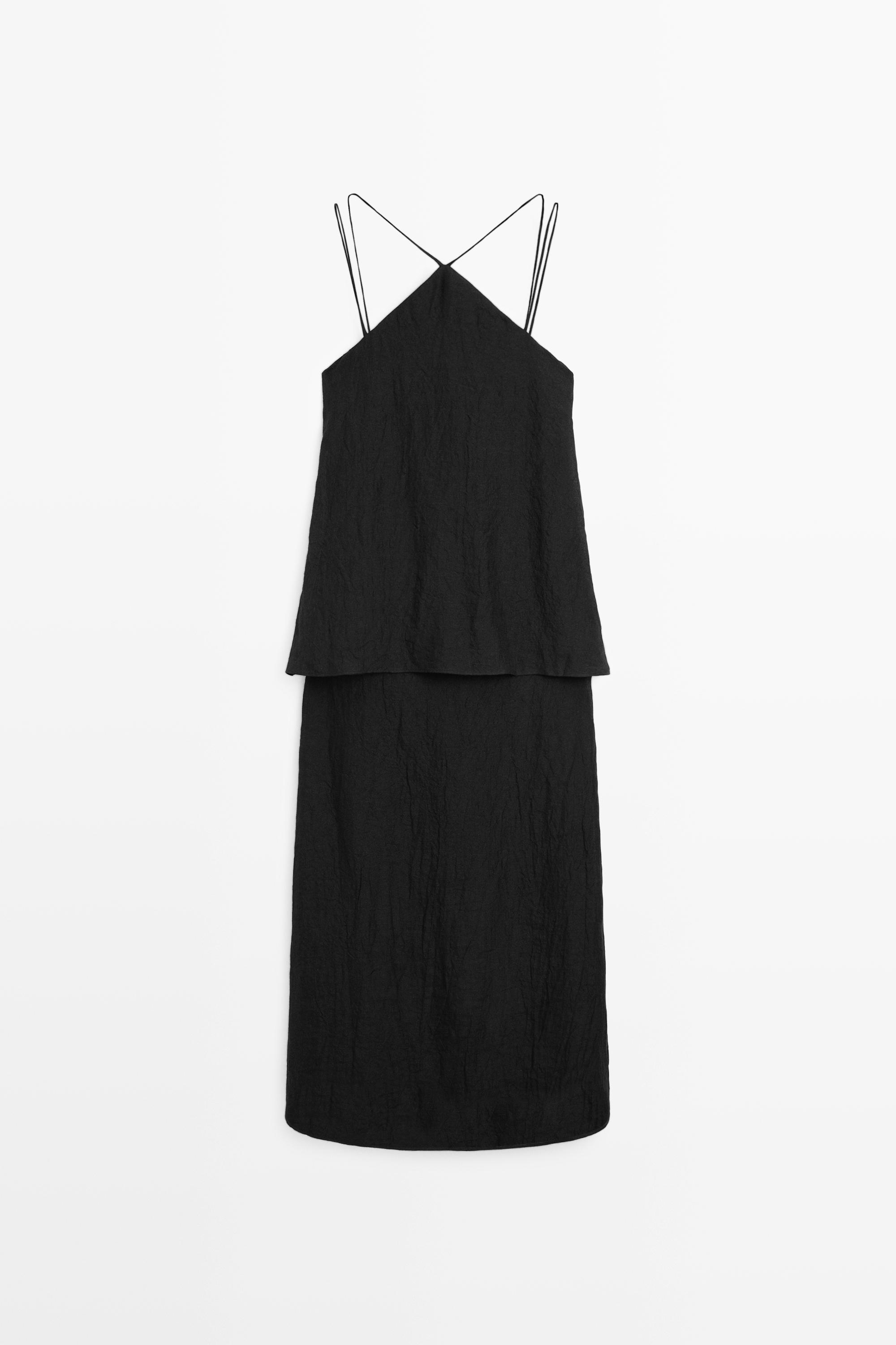 Flowing strappy 100% linen dress — BLACK