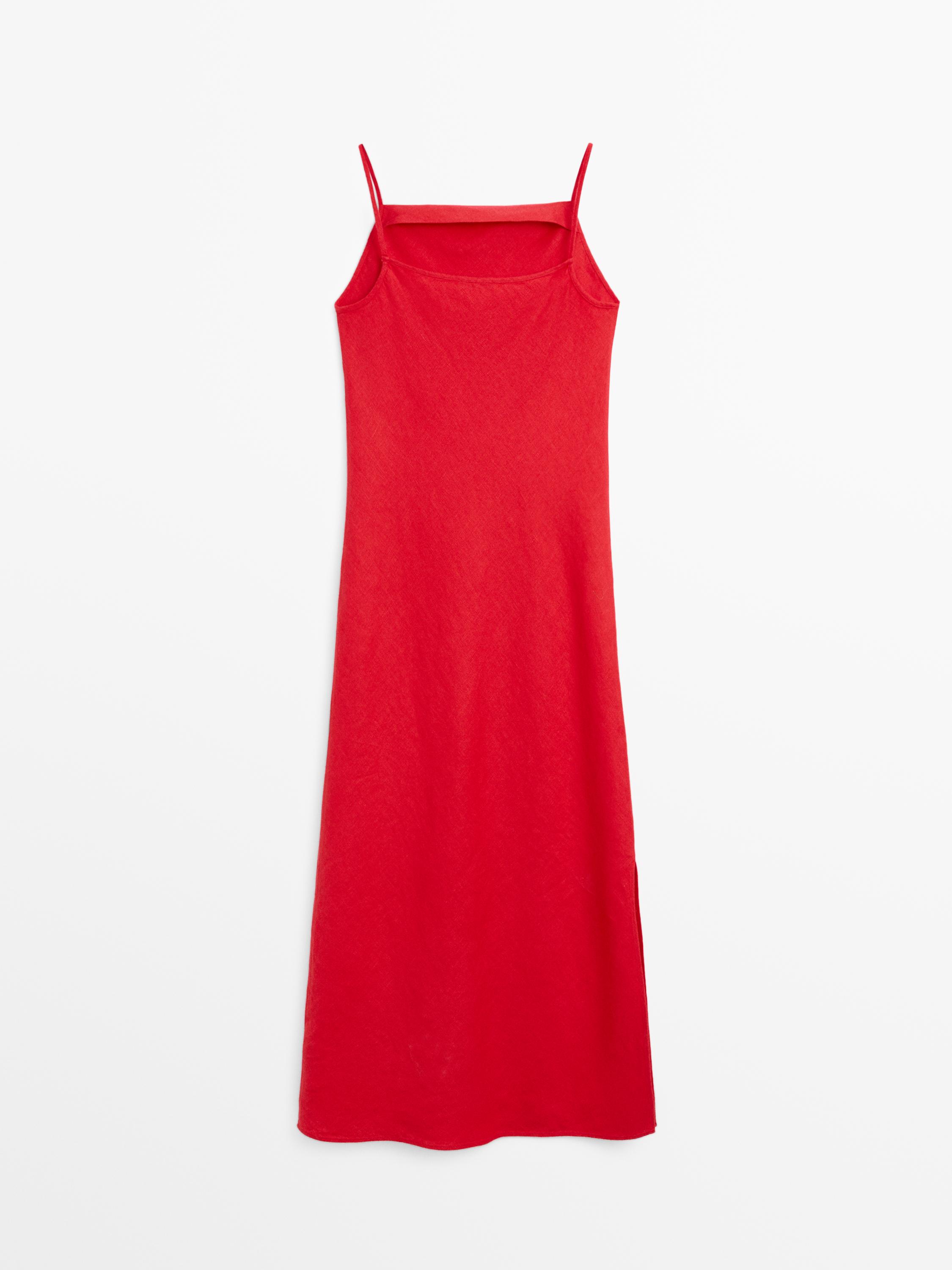 Düz yaka keten midi elbise