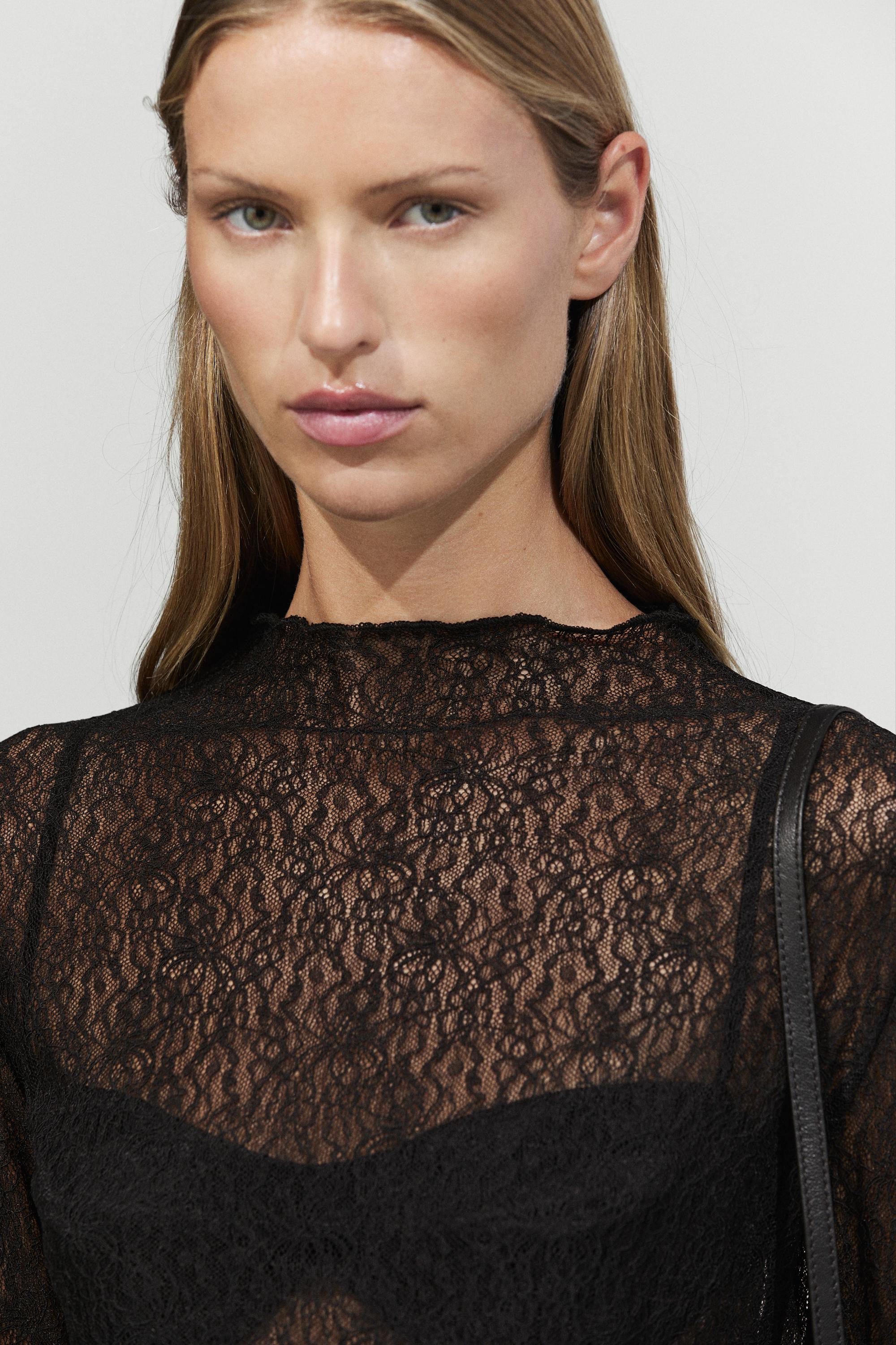 Semi-sheer lace detail T-shirt — BLACK